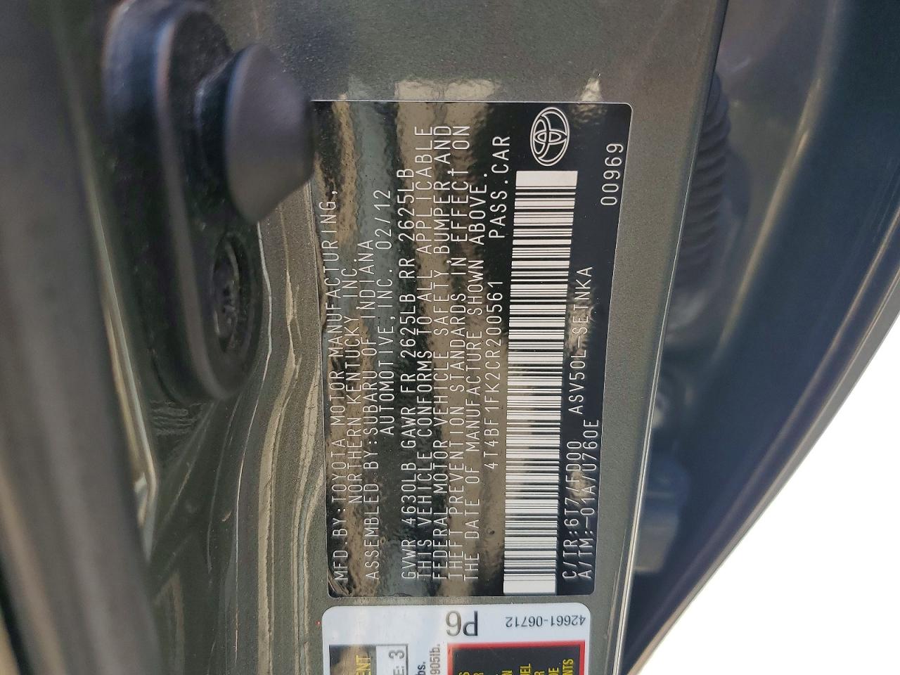 2012 Toyota Camry Le Charcoal vin: 4T4BF1FK2CR200561