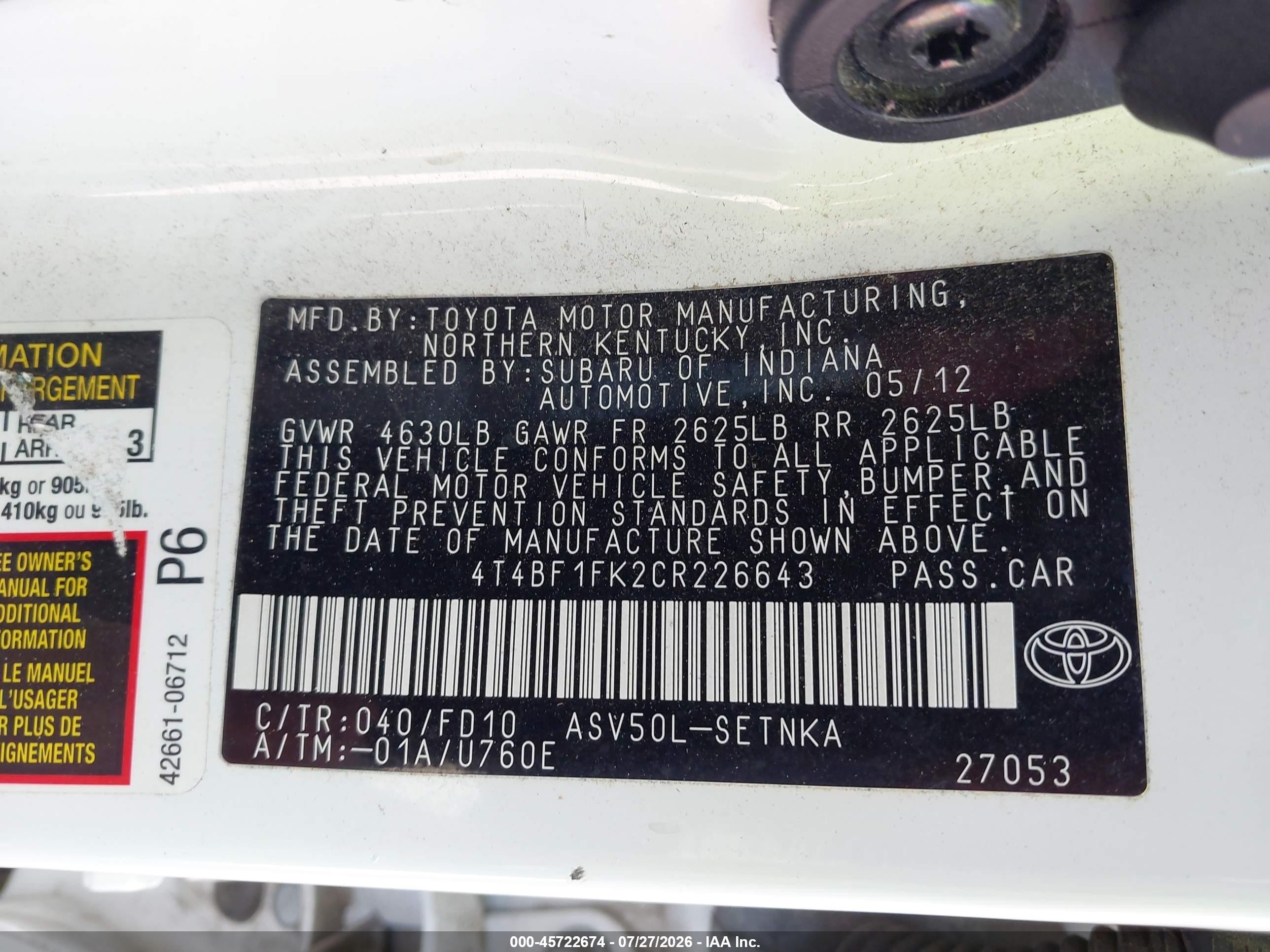 2012 Toyota Camry Le White vin: 4T4BF1FK2CR226643