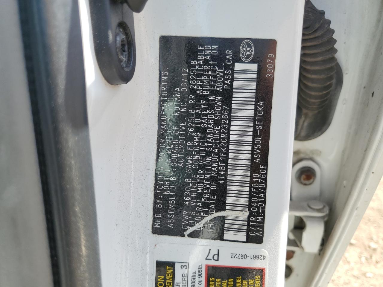 2012 Toyota Camry Xle White vin: 4T4BF1FK2CR232667