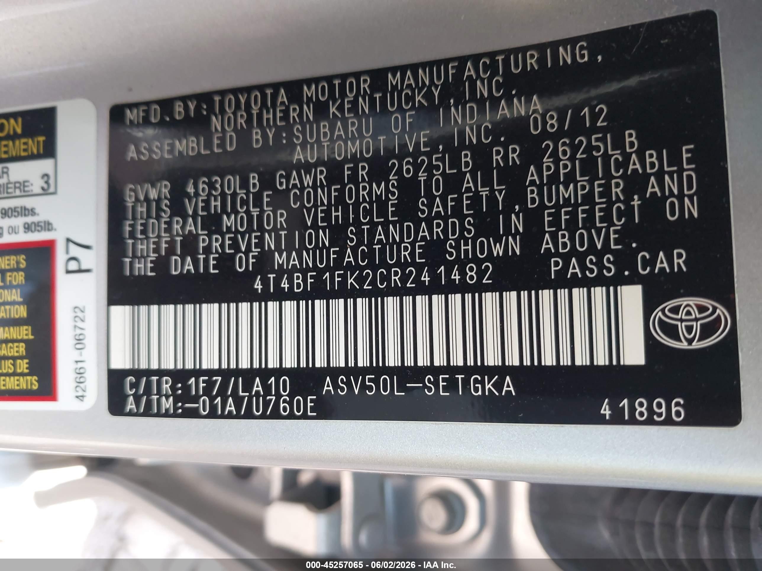 2012 Toyota Camry Xle Серебряный vin: 4T4BF1FK2CR241482