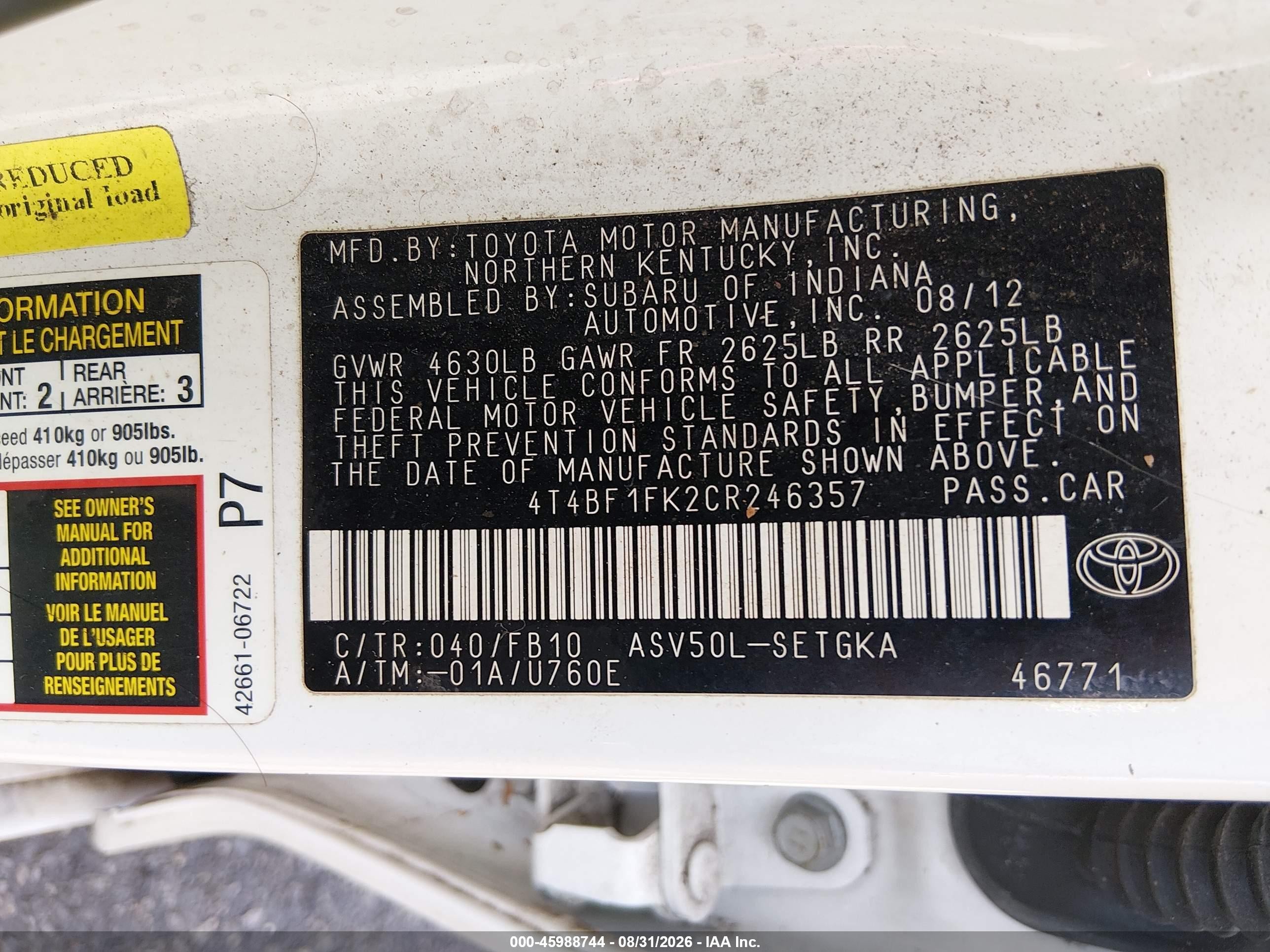 2012 Toyota Camry Xle Белый vin: 4T4BF1FK2CR246357