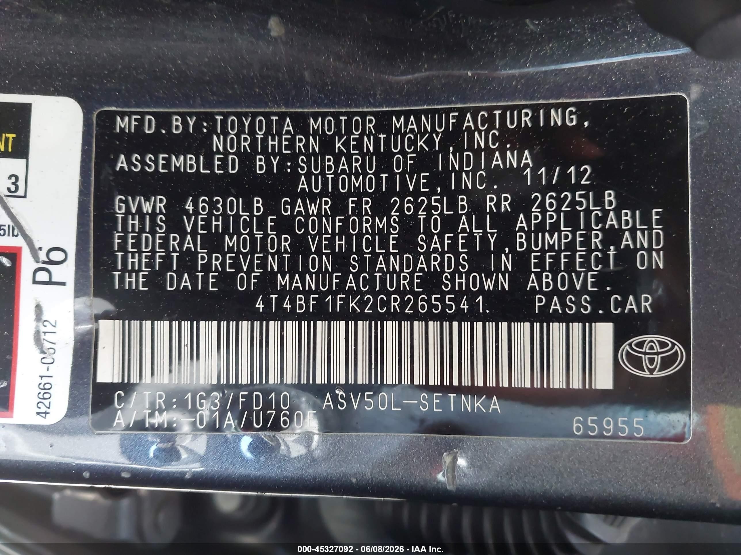 2012 Toyota Camry Le Gray vin: 4T4BF1FK2CR265541