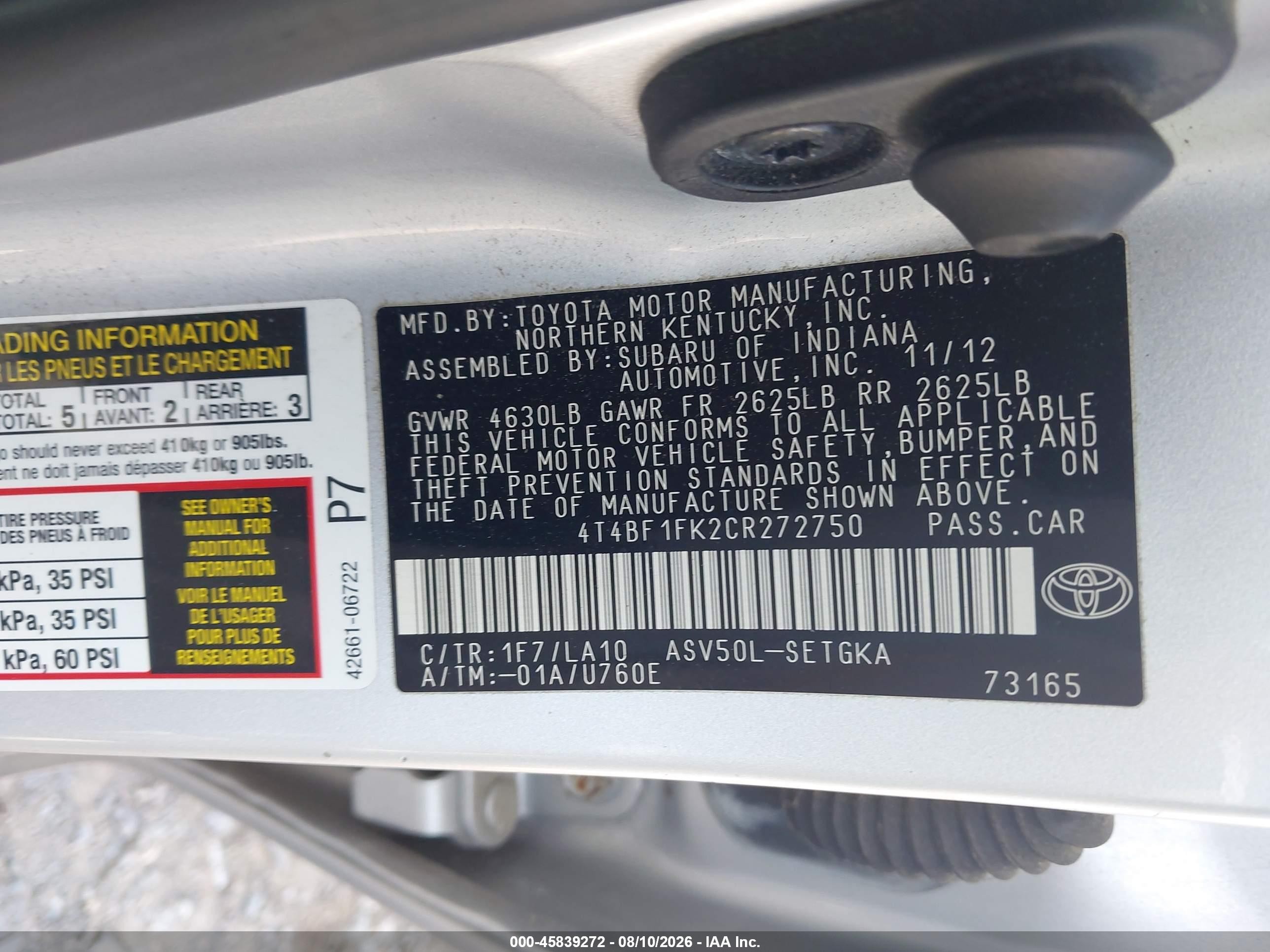 2012 Toyota Camry Xle Серебряный vin: 4T4BF1FK2CR272750