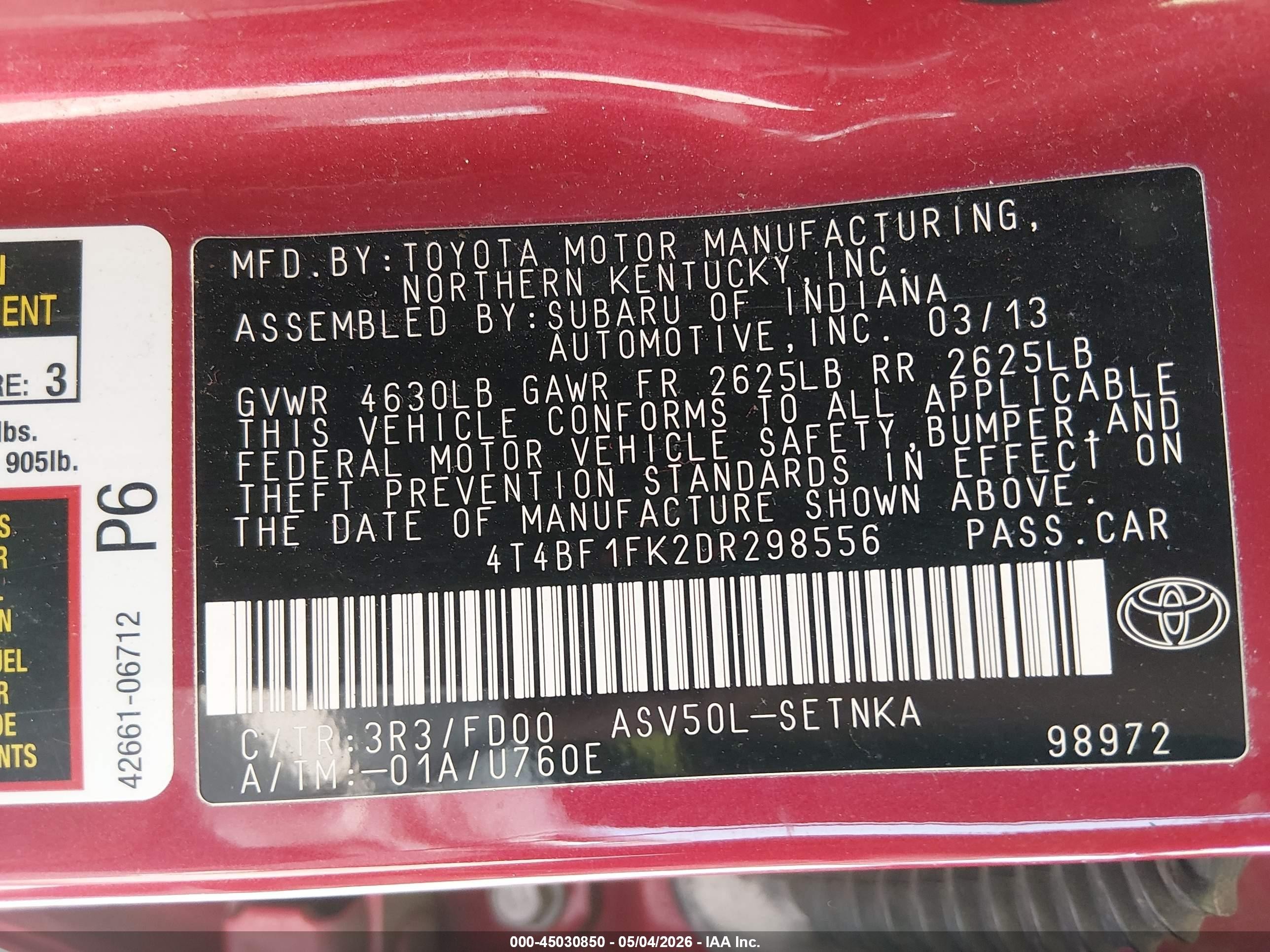 2013 Toyota Camry Le Red vin: 4T4BF1FK2DR298556