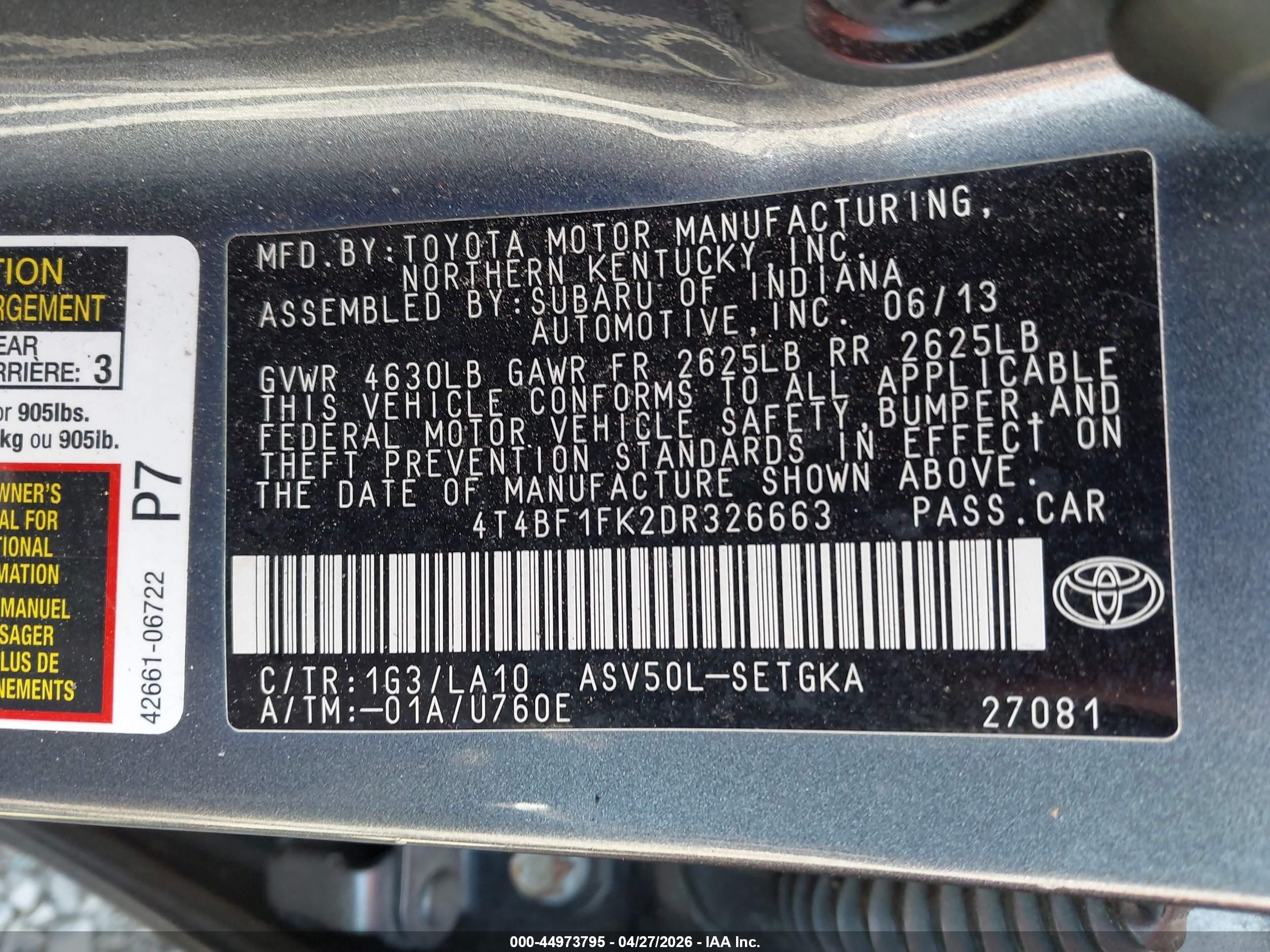 2013 Toyota Camry Xle Gray vin: 4T4BF1FK2DR326663