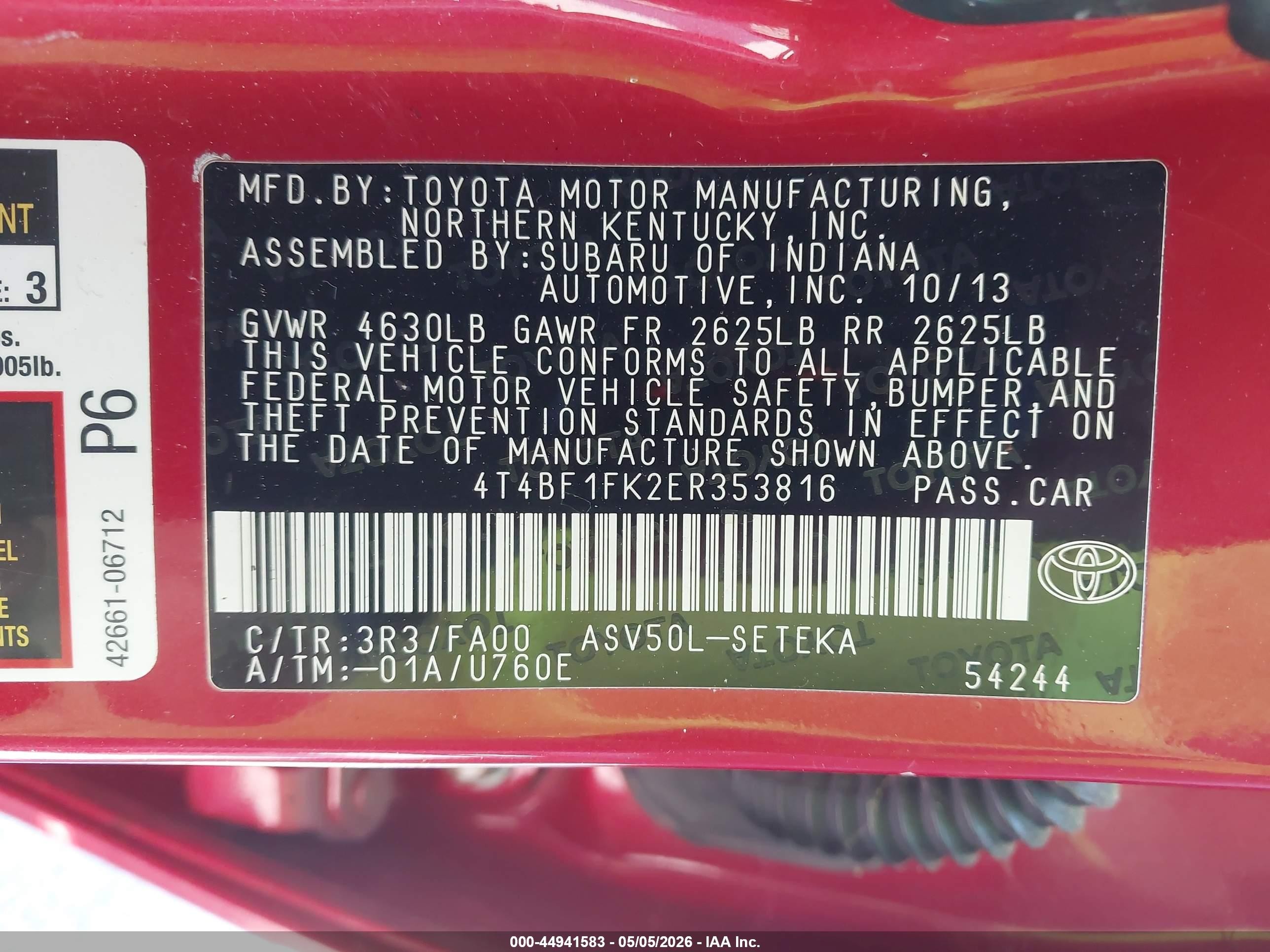 2014 Toyota Camry L Red vin: 4T4BF1FK2ER353816