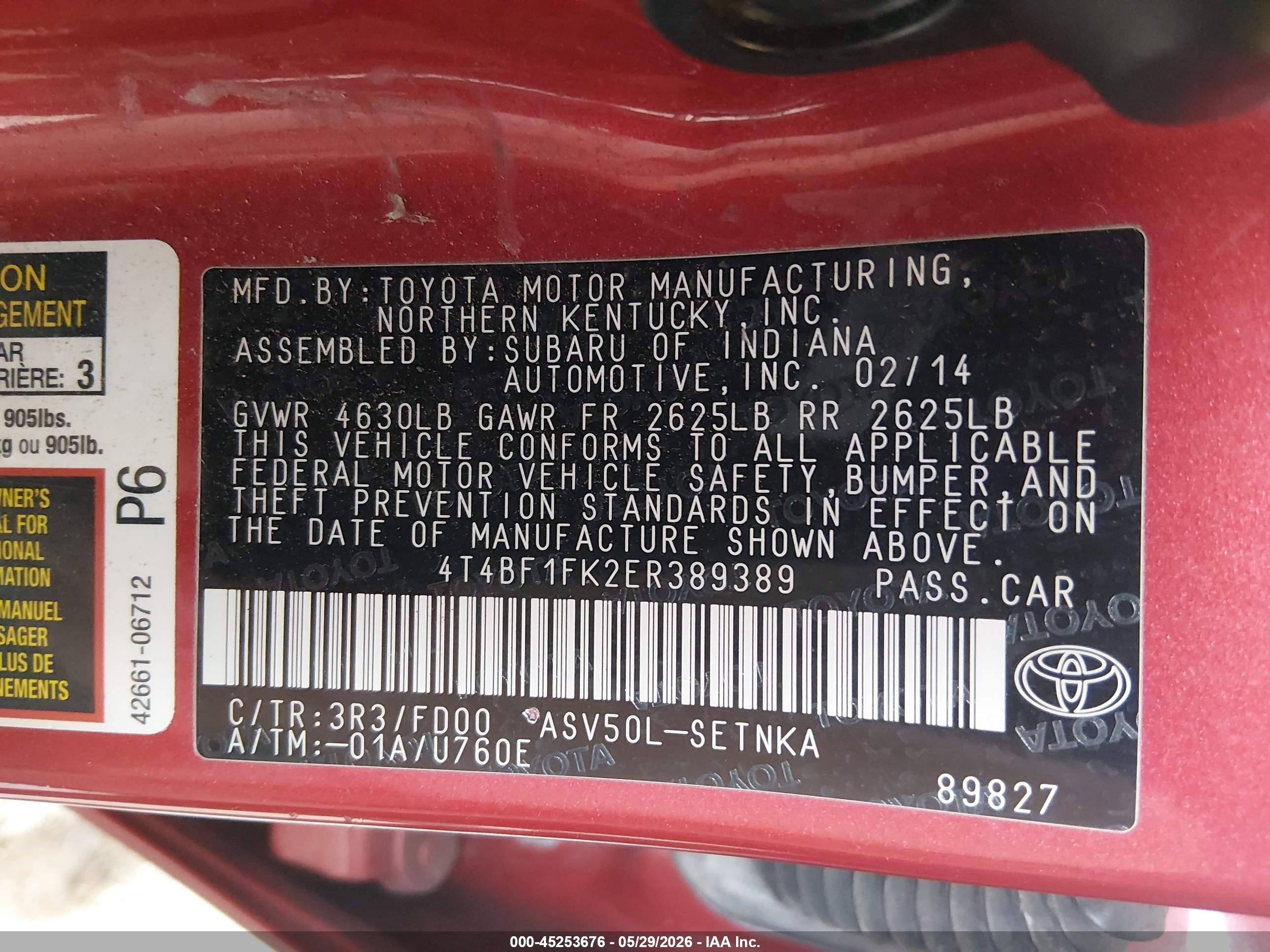 2014 Toyota Camry Le Red vin: 4T4BF1FK2ER389389