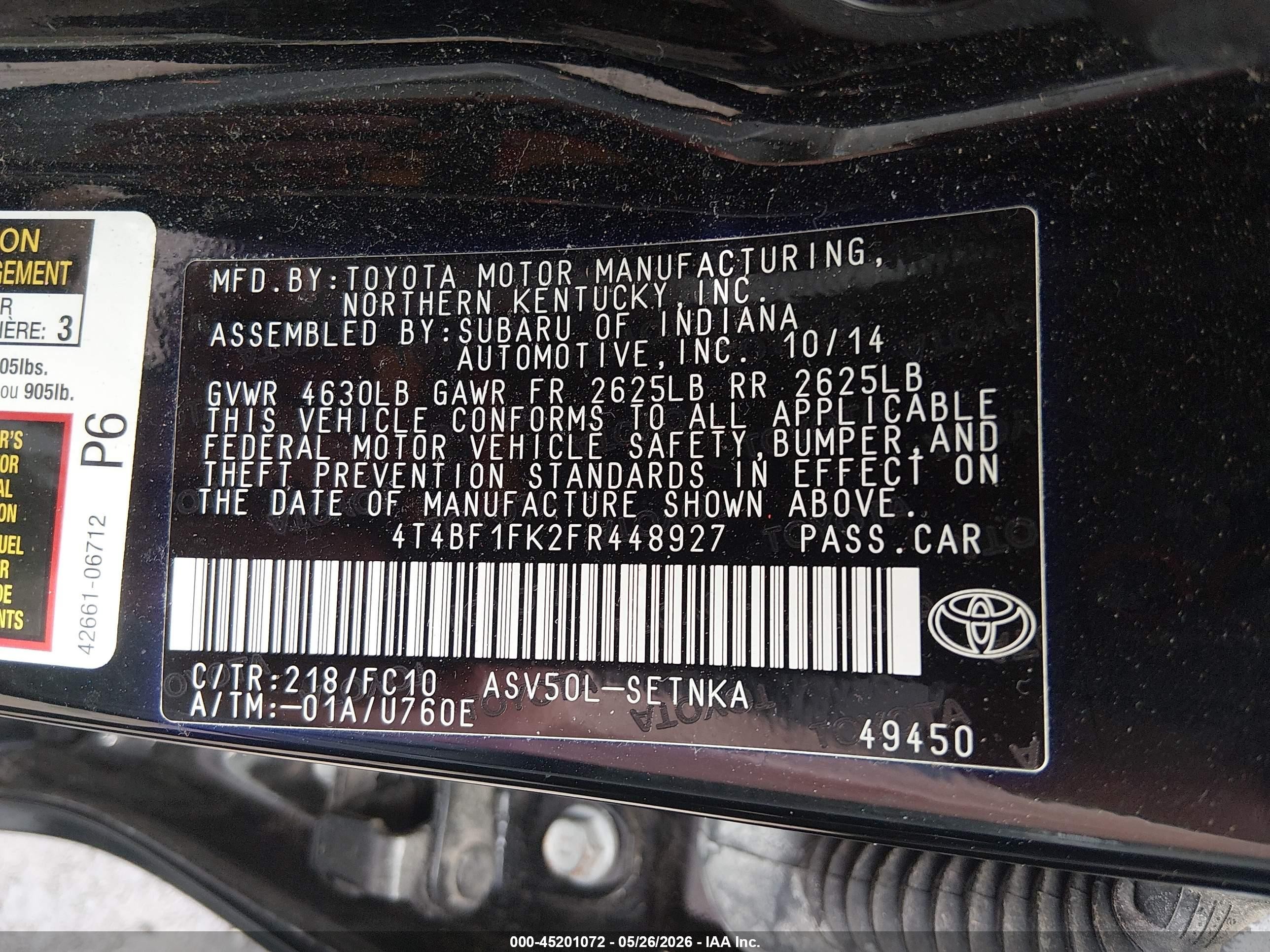 2015 Toyota Camry Le Black vin: 4T4BF1FK2FR448927
