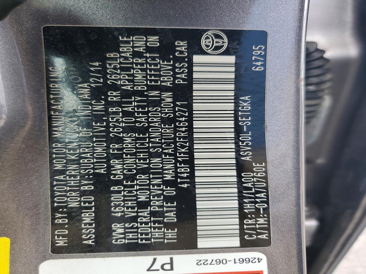 2015 Toyota Camry Xle Gray vin: 4T4BF1FK2FR464271