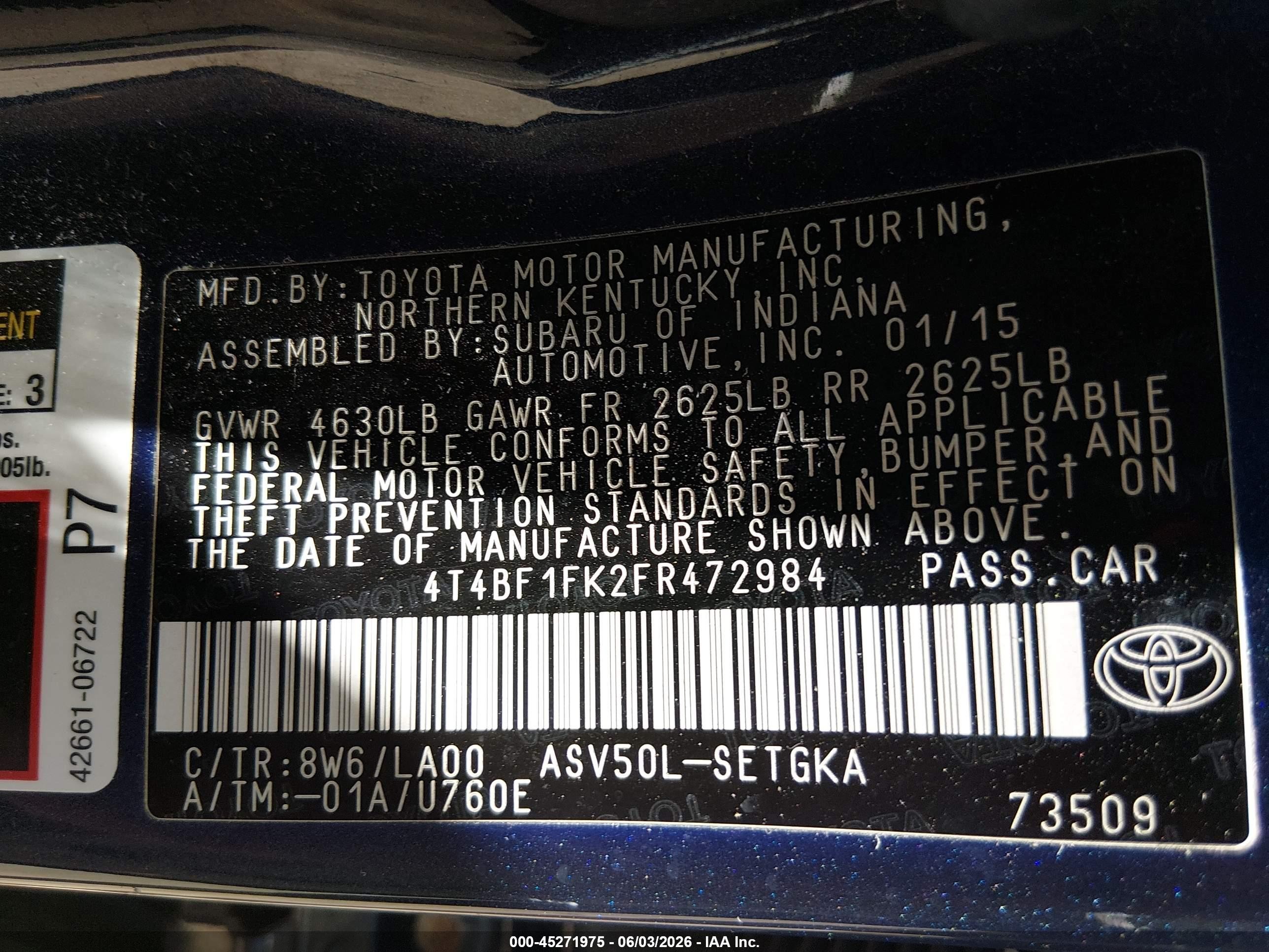 2015 Toyota Camry Xle Dark Blue vin: 4T4BF1FK2FR472984