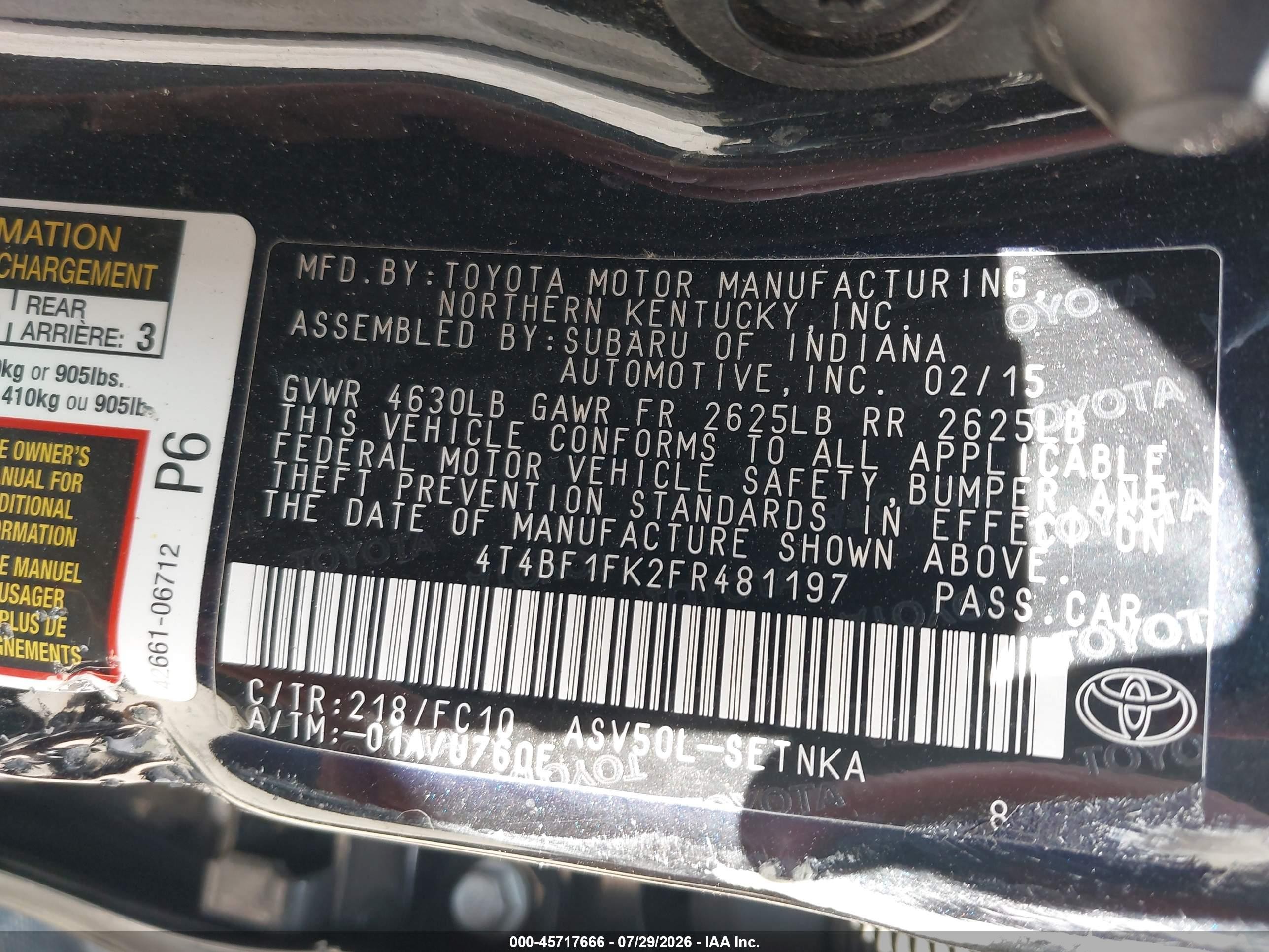 2015 Toyota Camry Le Black vin: 4T4BF1FK2FR481197