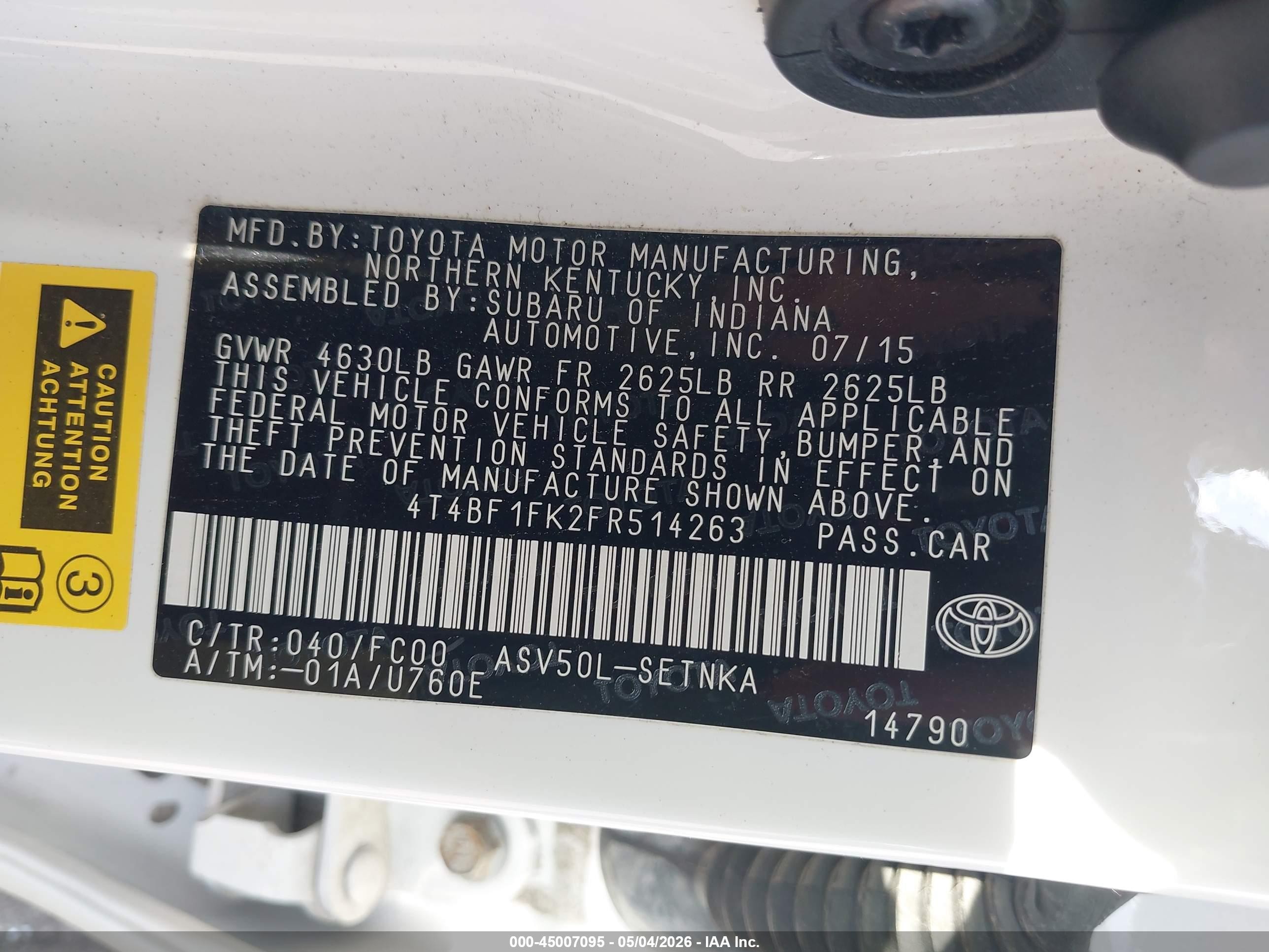 2015 Toyota Camry   Белый vin: 4T4BF1FK2FR514263
