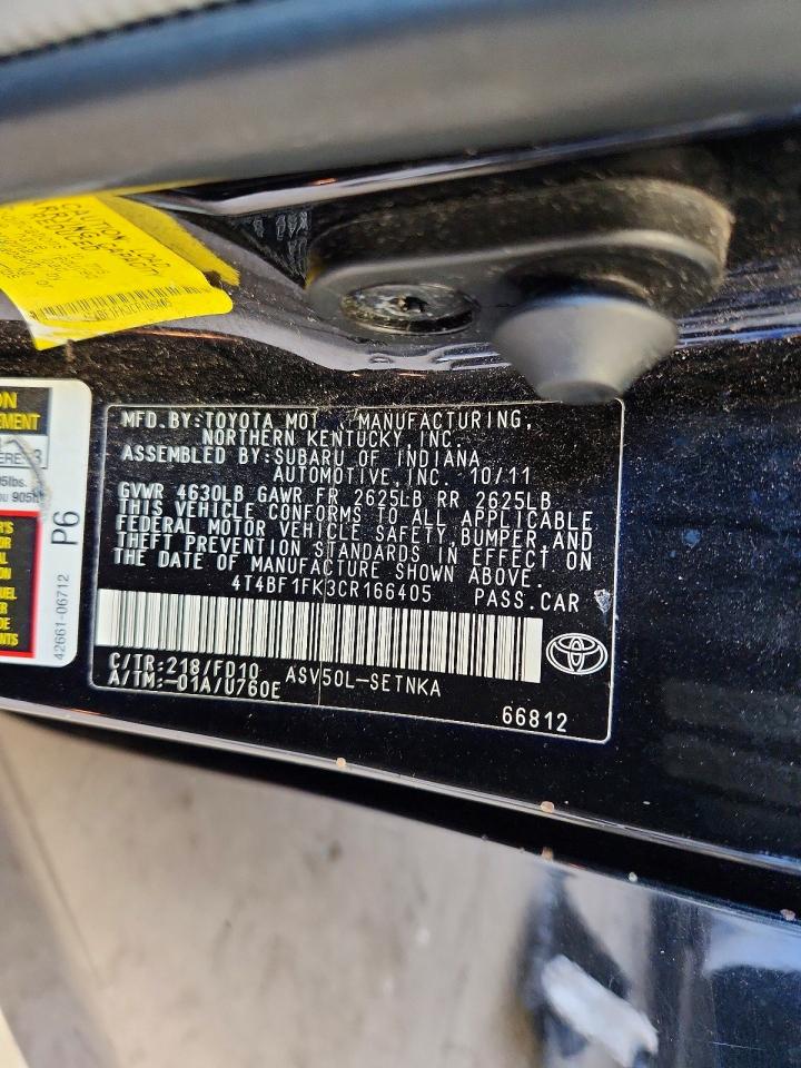 2012 Toyota Camry Le Black vin: 4T4BF1FK3CR166405