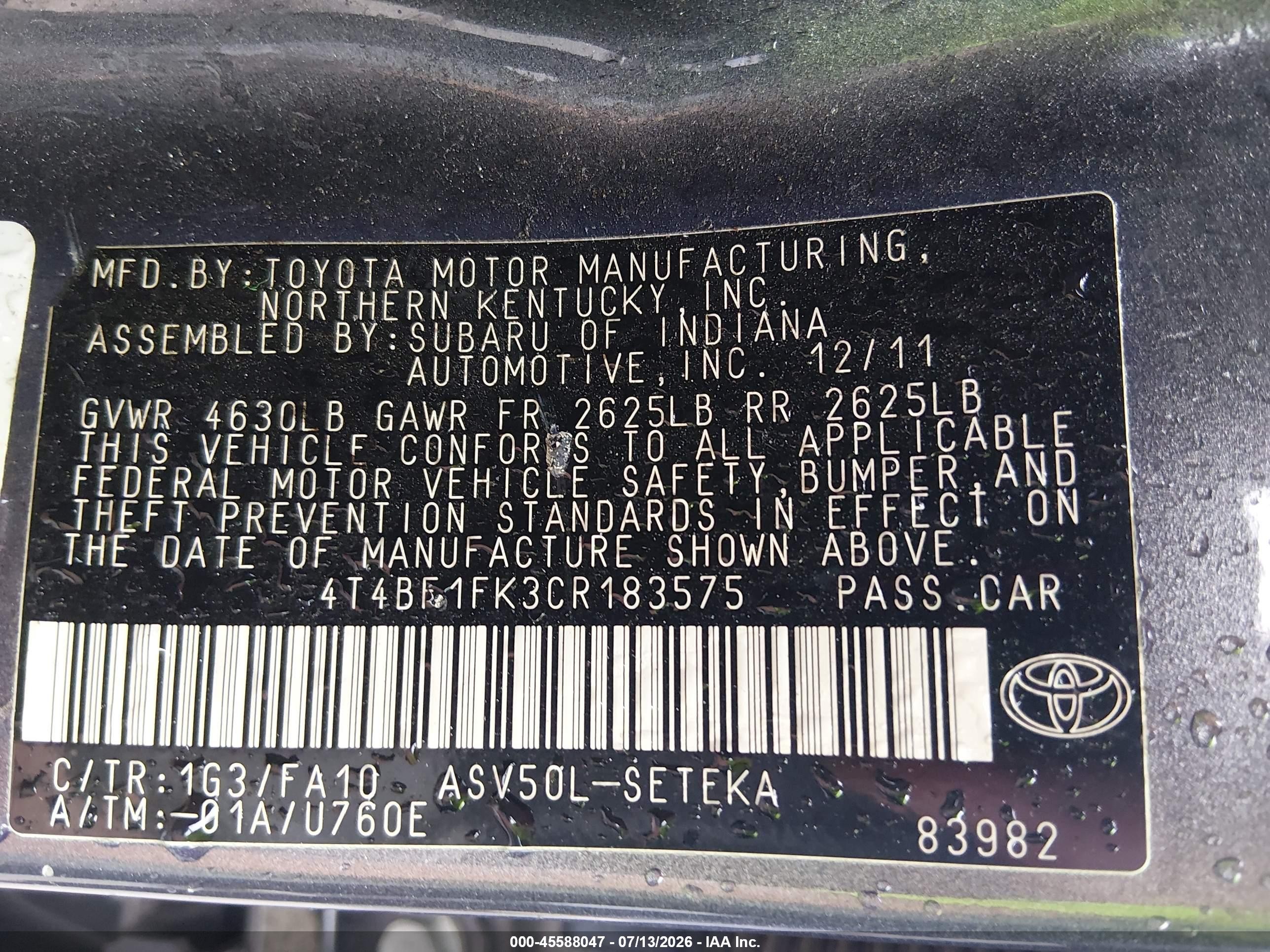 2012 Toyota Camry L Gray vin: 4T4BF1FK3CR183575