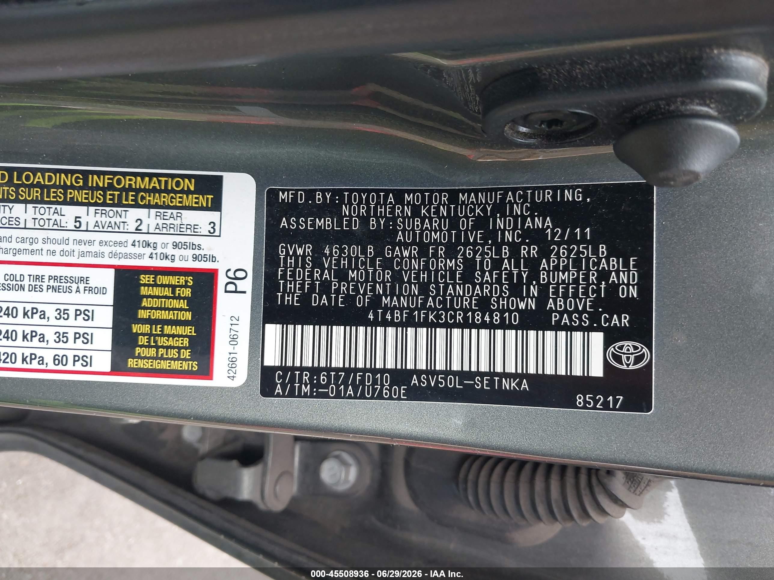 2012 Toyota Camry Le Green vin: 4T4BF1FK3CR184810