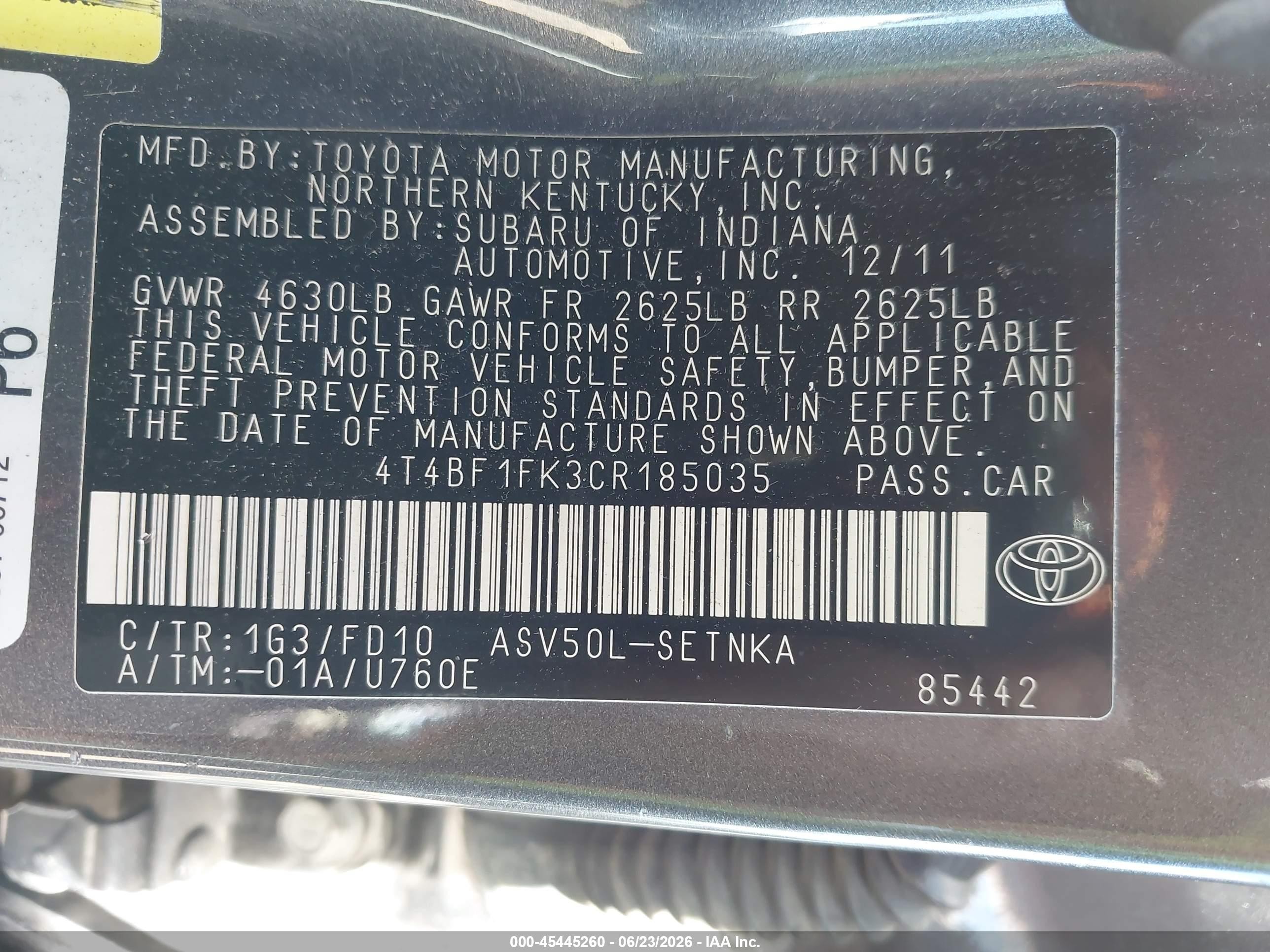 2012 Toyota Camry Le Gray vin: 4T4BF1FK3CR185035