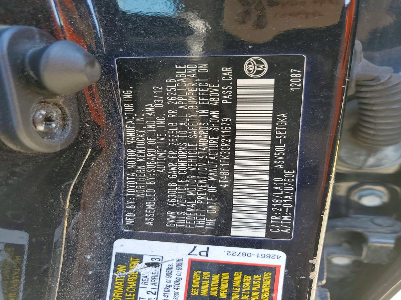 2012 Toyota Camry Xle Black vin: 4T4BF1FK3CR211679
