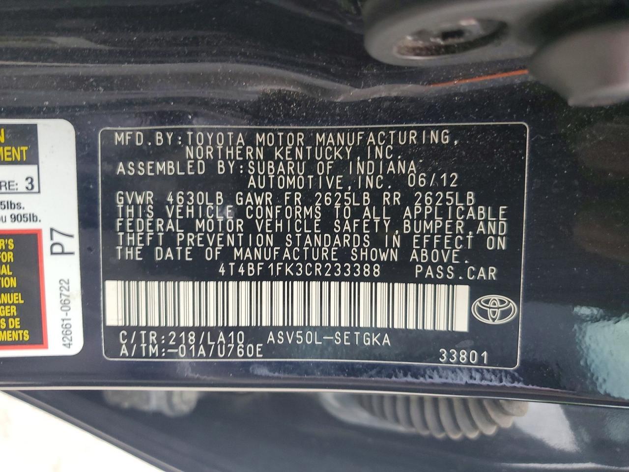 2012 Toyota Camry Xle Черный vin: 4T4BF1FK3CR233388