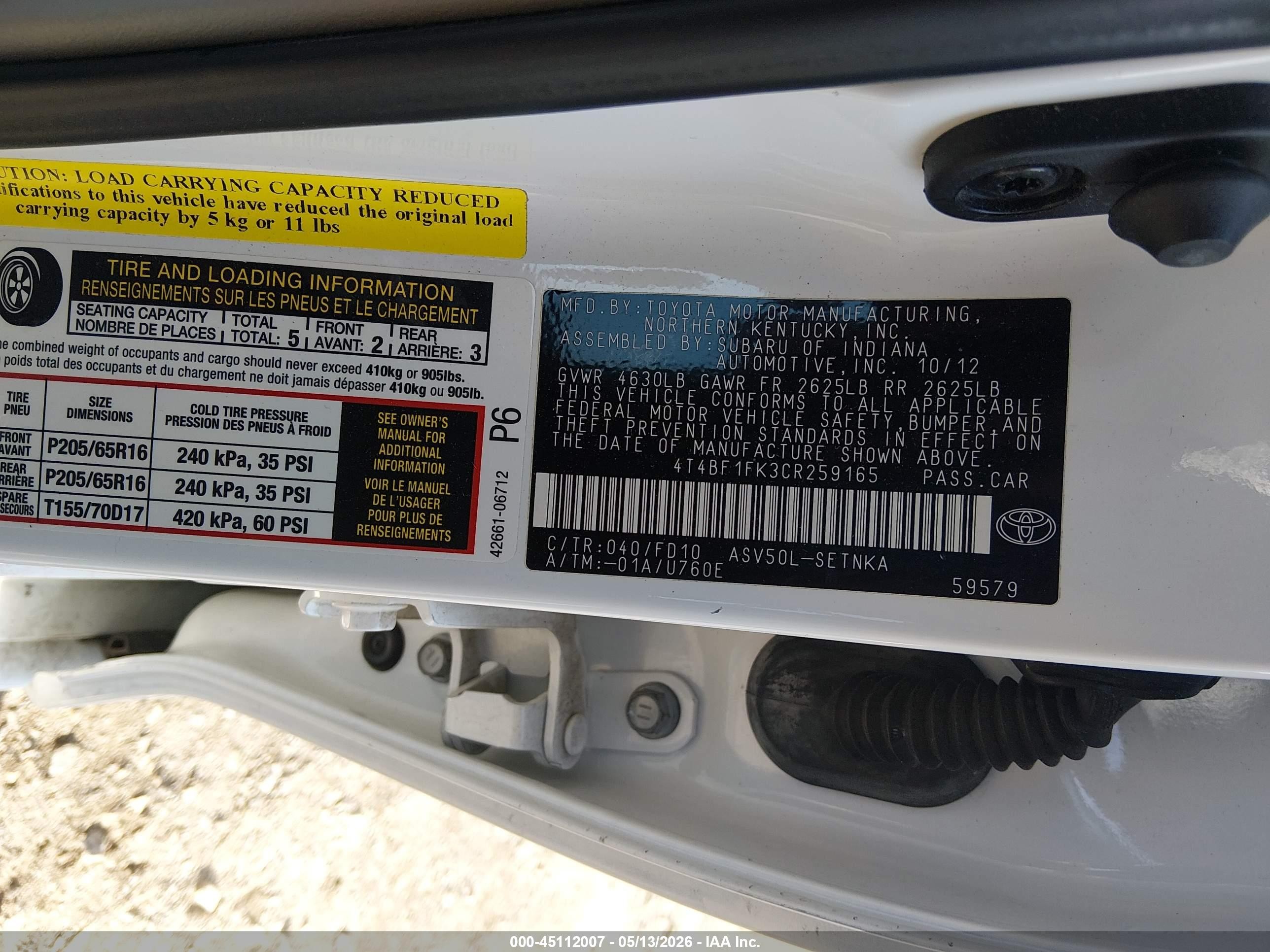 2012 Toyota Camry Le White vin: 4T4BF1FK3CR259165