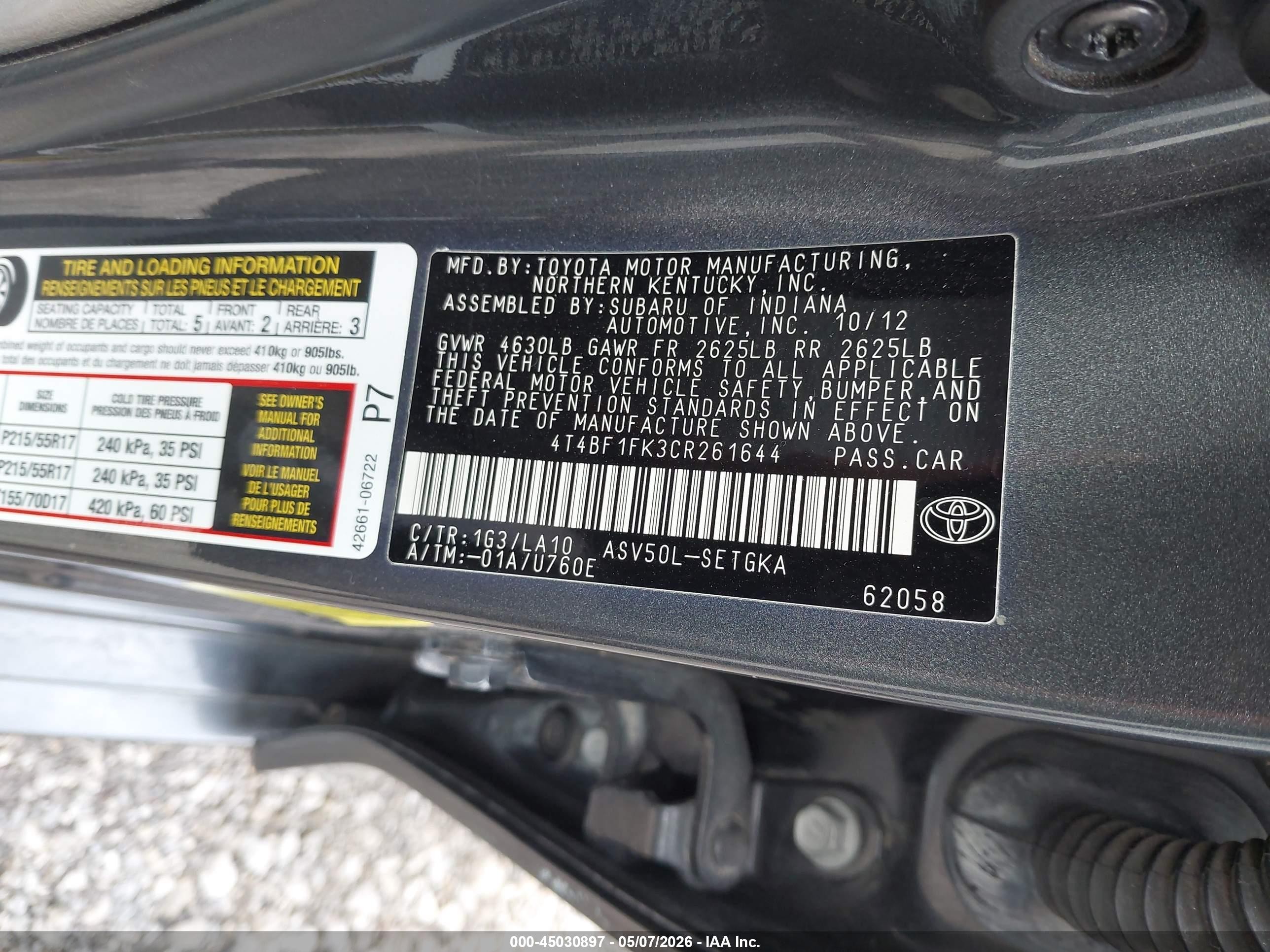 2012 Toyota Camry Xle Gray vin: 4T4BF1FK3CR261644