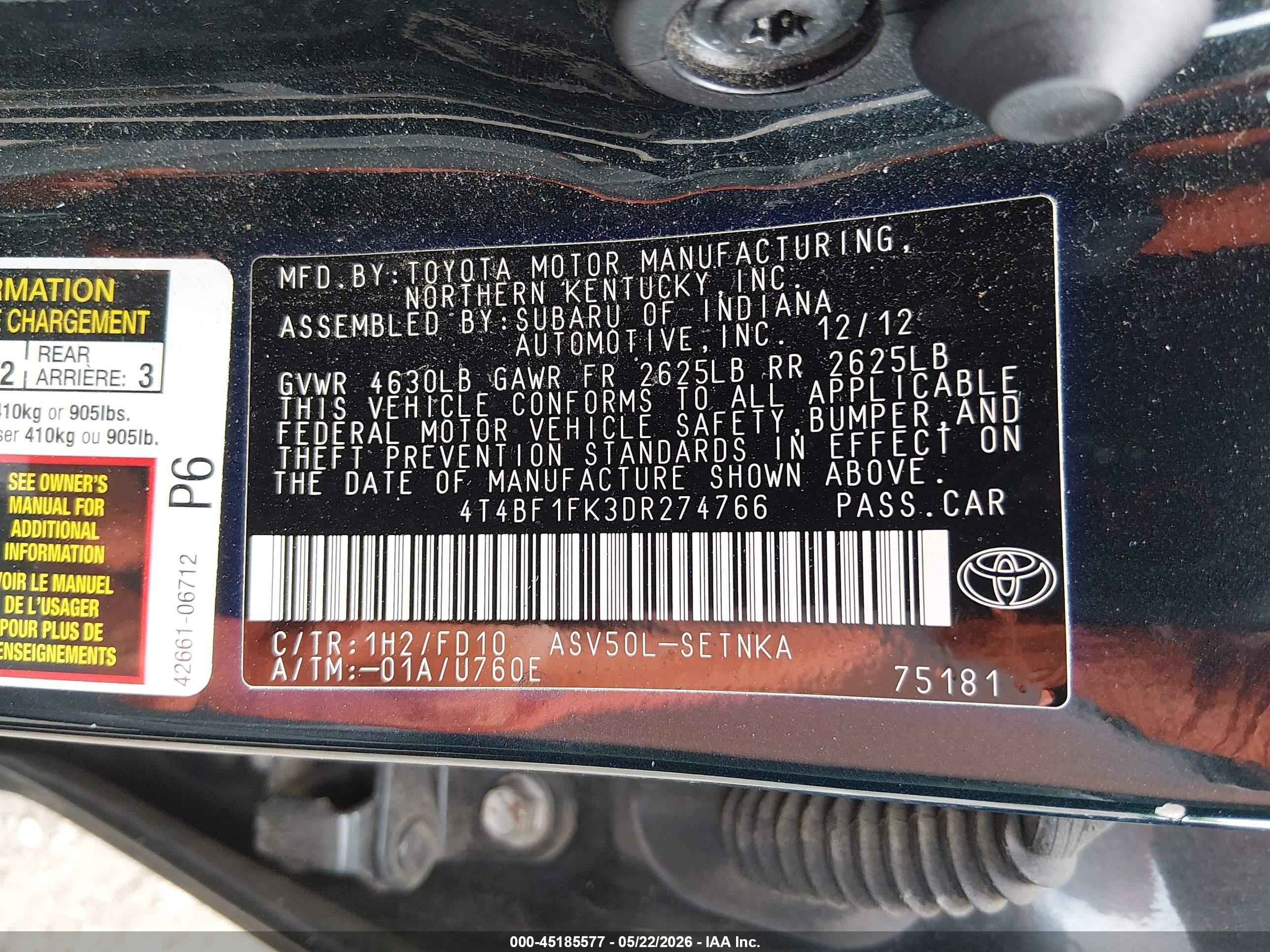 2013 Toyota Camry Le Dark Blue vin: 4T4BF1FK3DR274766