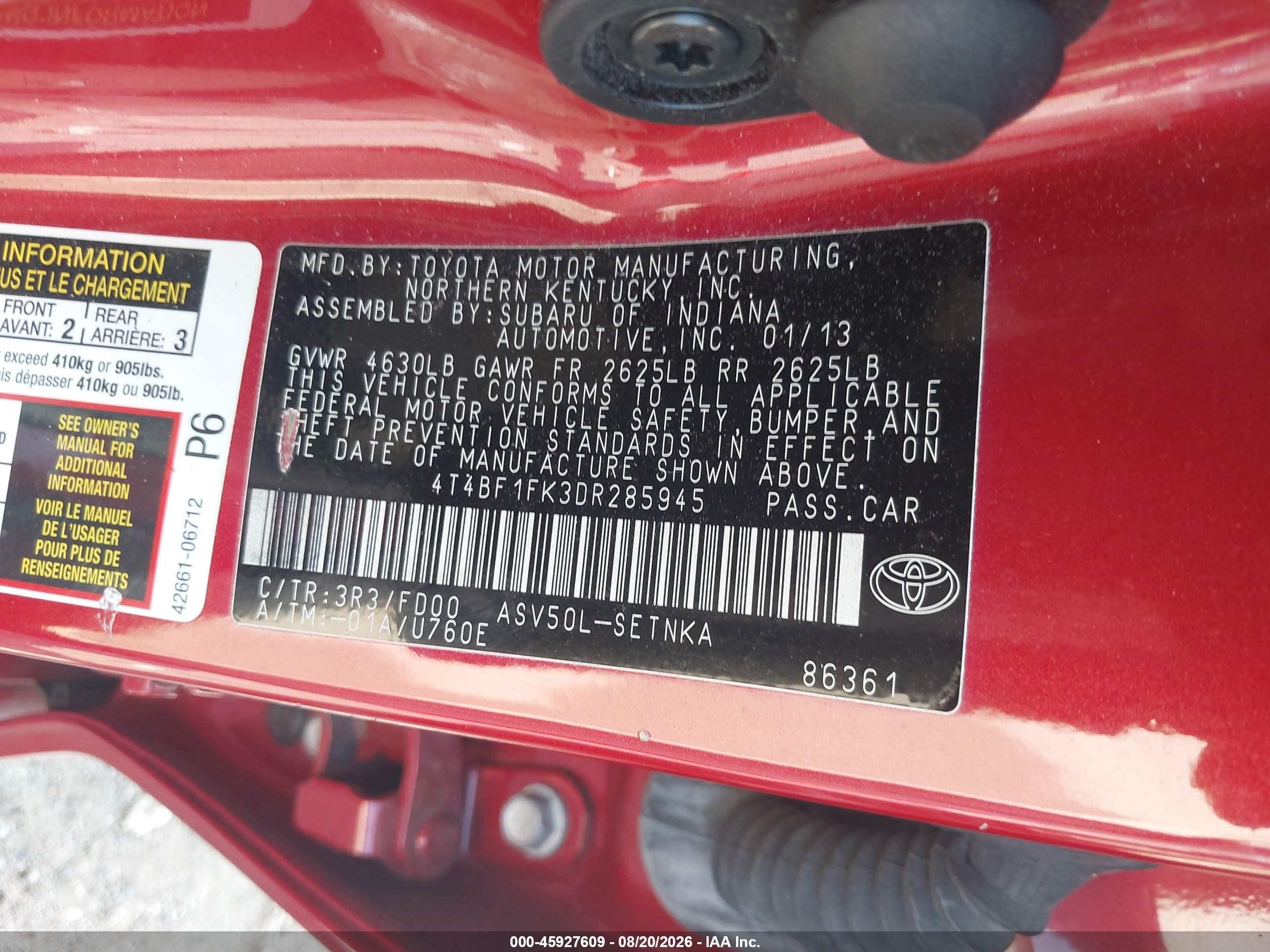 2013 Toyota Camry Le Red vin: 4T4BF1FK3DR285945