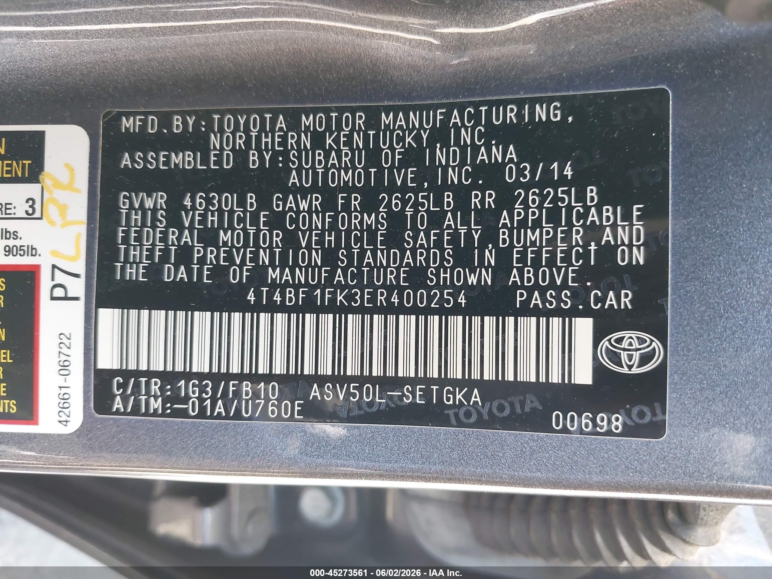 2014 Toyota Camry Xle Gray vin: 4T4BF1FK3ER400254