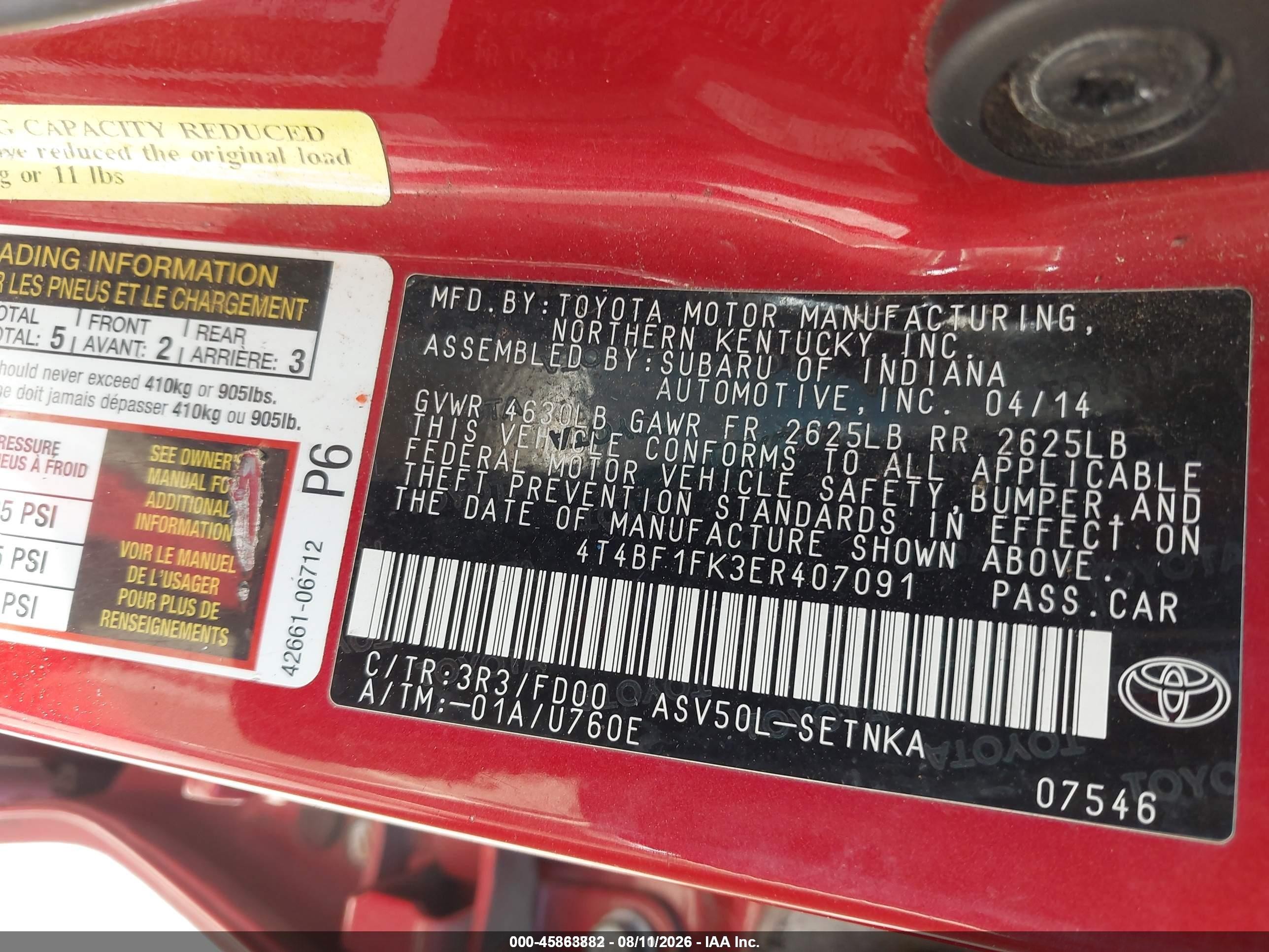 2014 Toyota Camry Le Red vin: 4T4BF1FK3ER407091