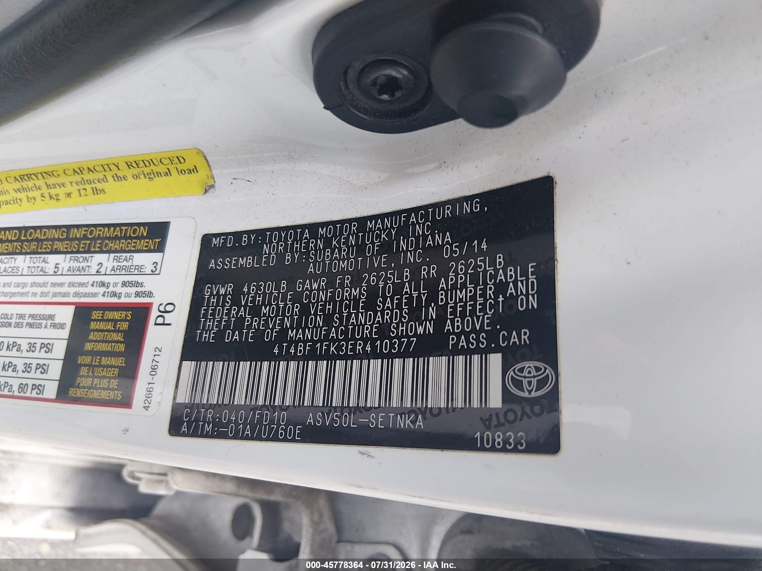 2014 Toyota Camry Le Белый vin: 4T4BF1FK3ER410377