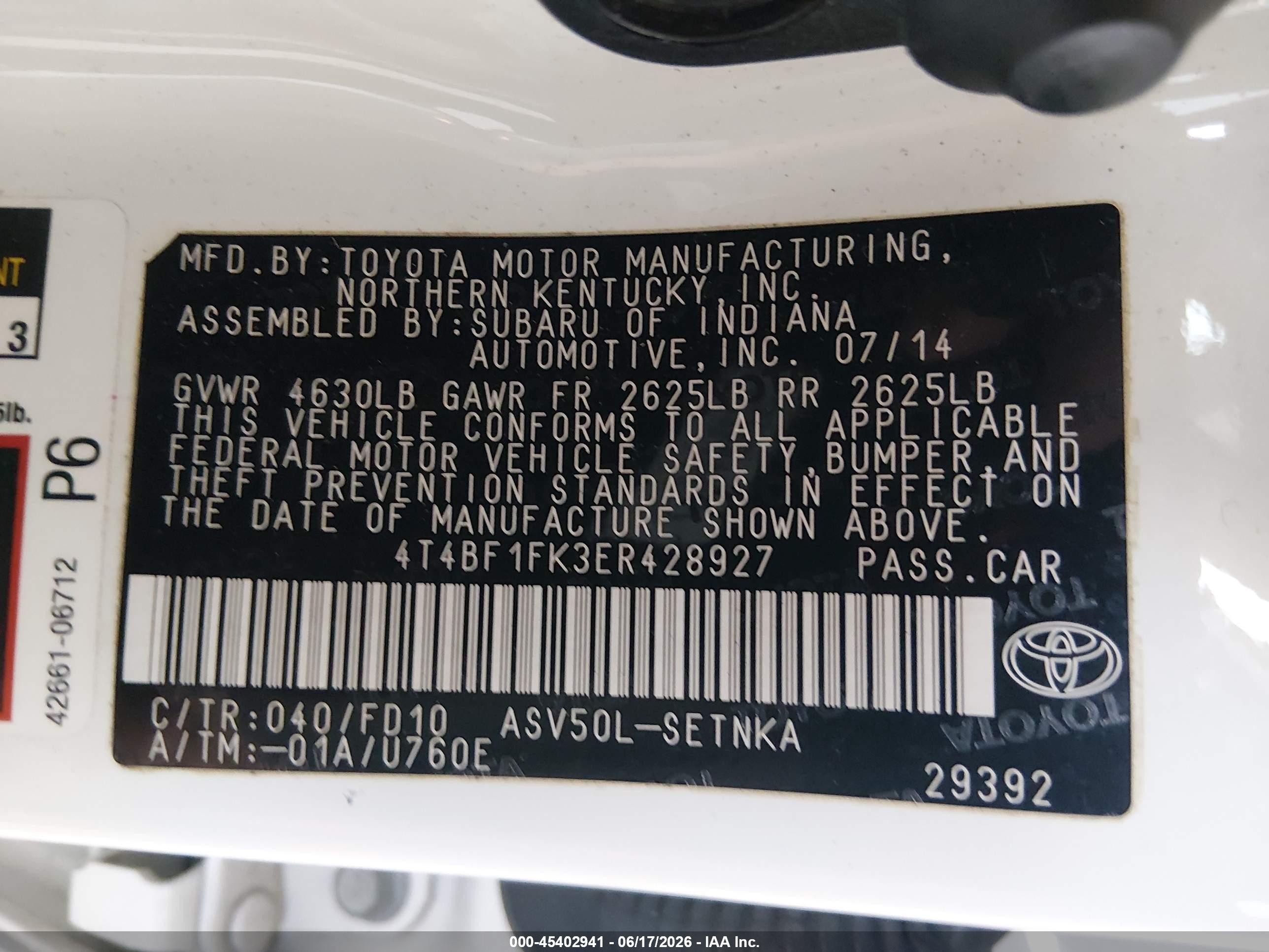 2014 Toyota Camry Le White vin: 4T4BF1FK3ER428927