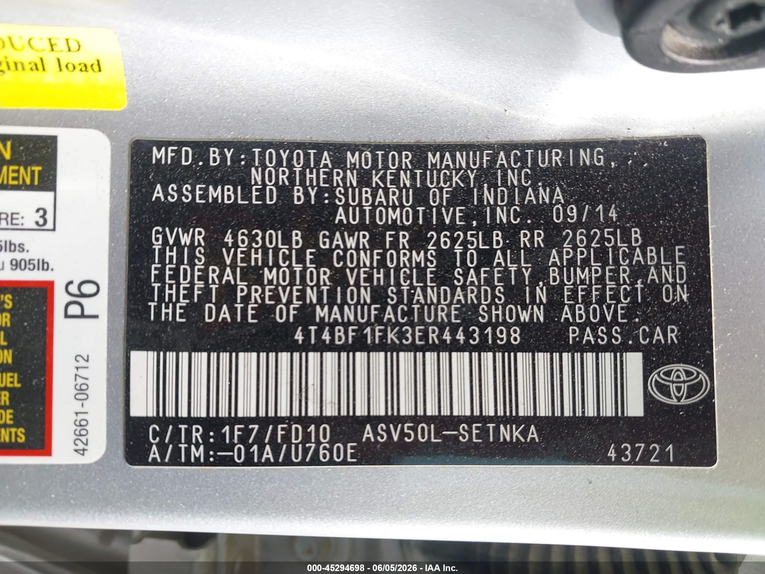 2014 Toyota Camry Le Silver vin: 4T4BF1FK3ER443198