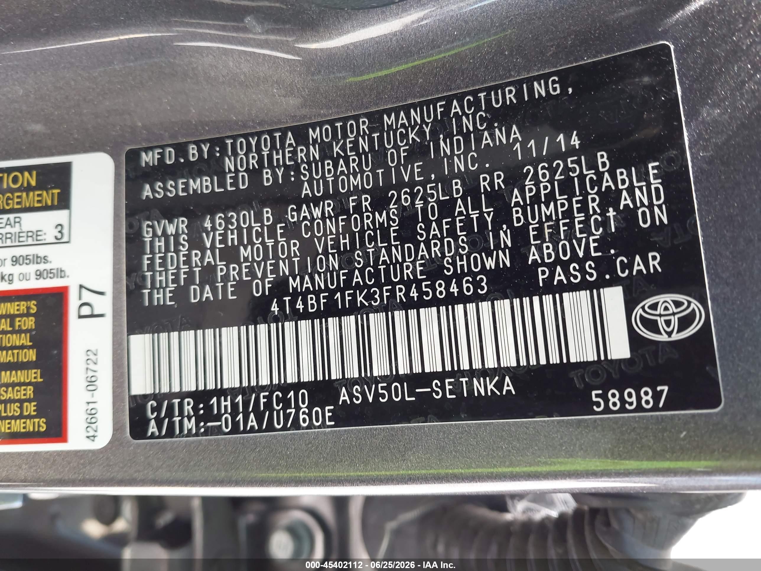 2015 Toyota Camry Le Gray vin: 4T4BF1FK3FR458463