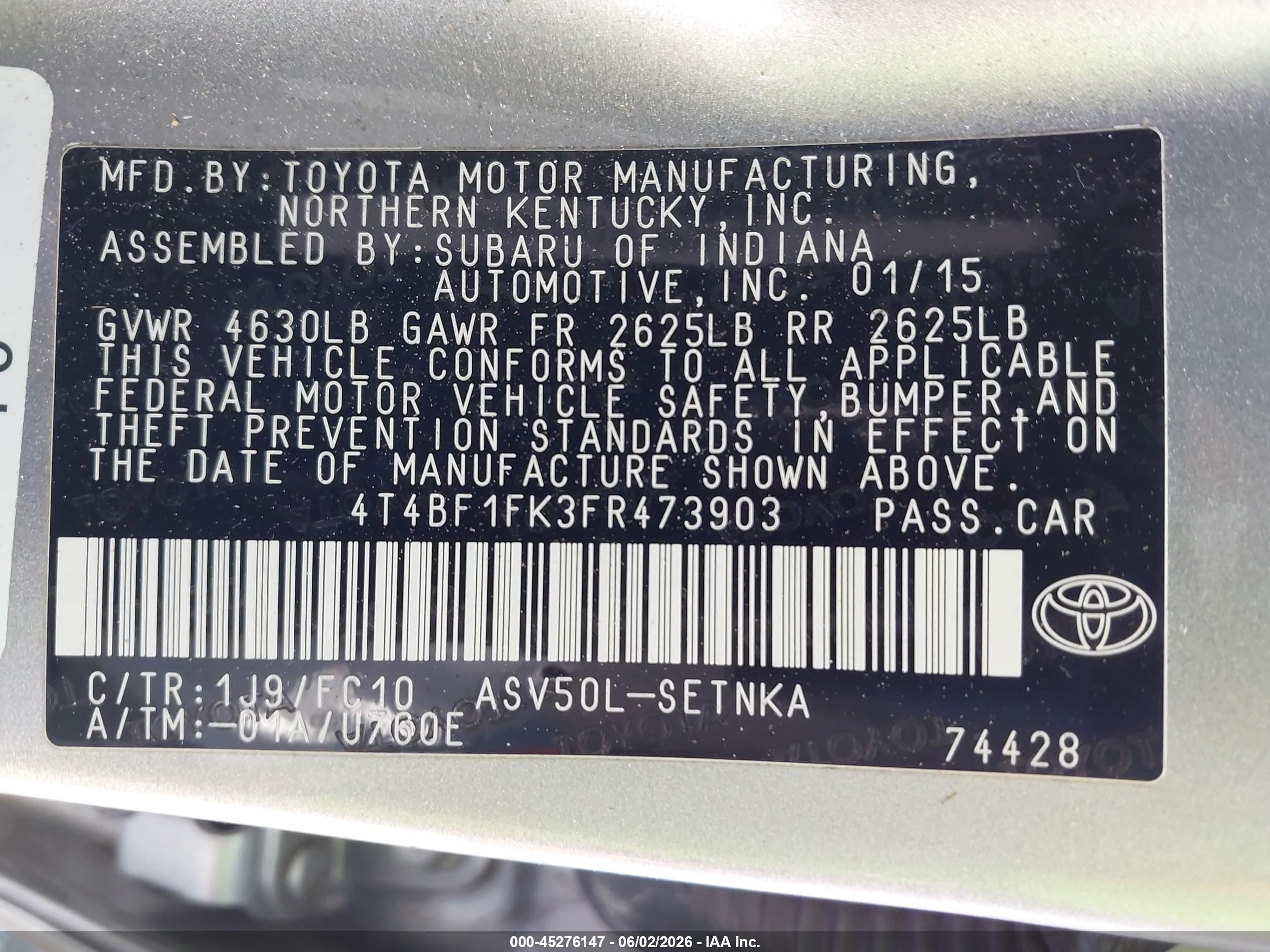2015 Toyota Camry Le Silver vin: 4T4BF1FK3FR473903
