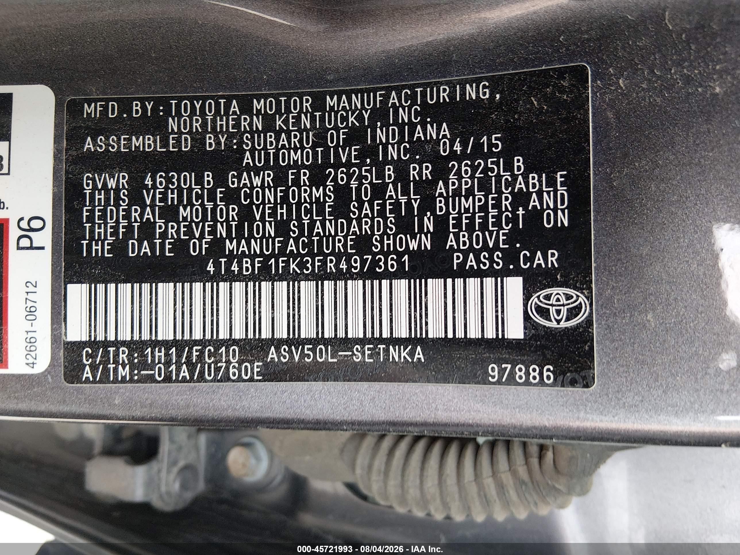 2015 Toyota Camry Le Gray vin: 4T4BF1FK3FR497361