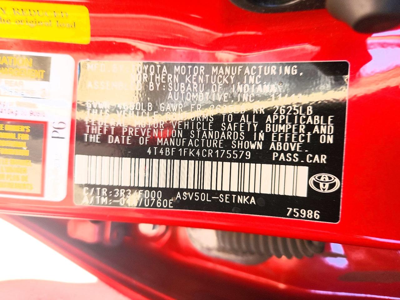 2012 Toyota Camry Le Красный vin: 4T4BF1FK4CR175579