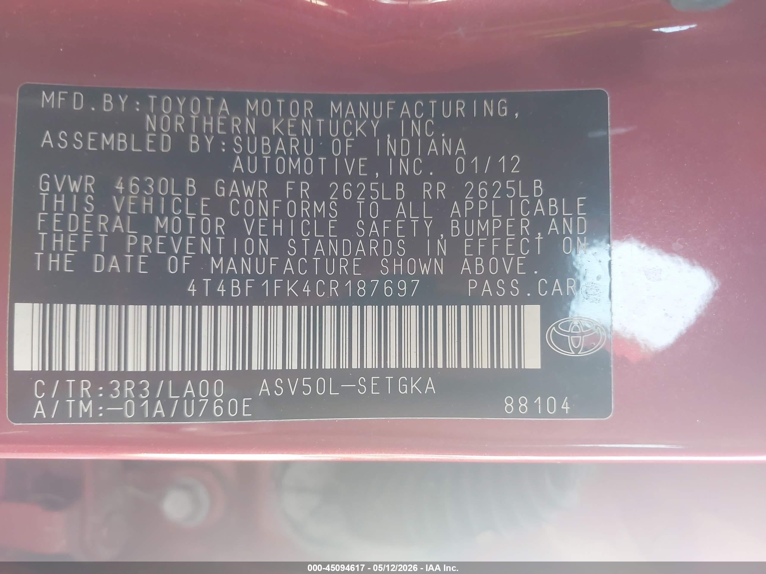2012 Toyota Camry Xle Red vin: 4T4BF1FK4CR187697