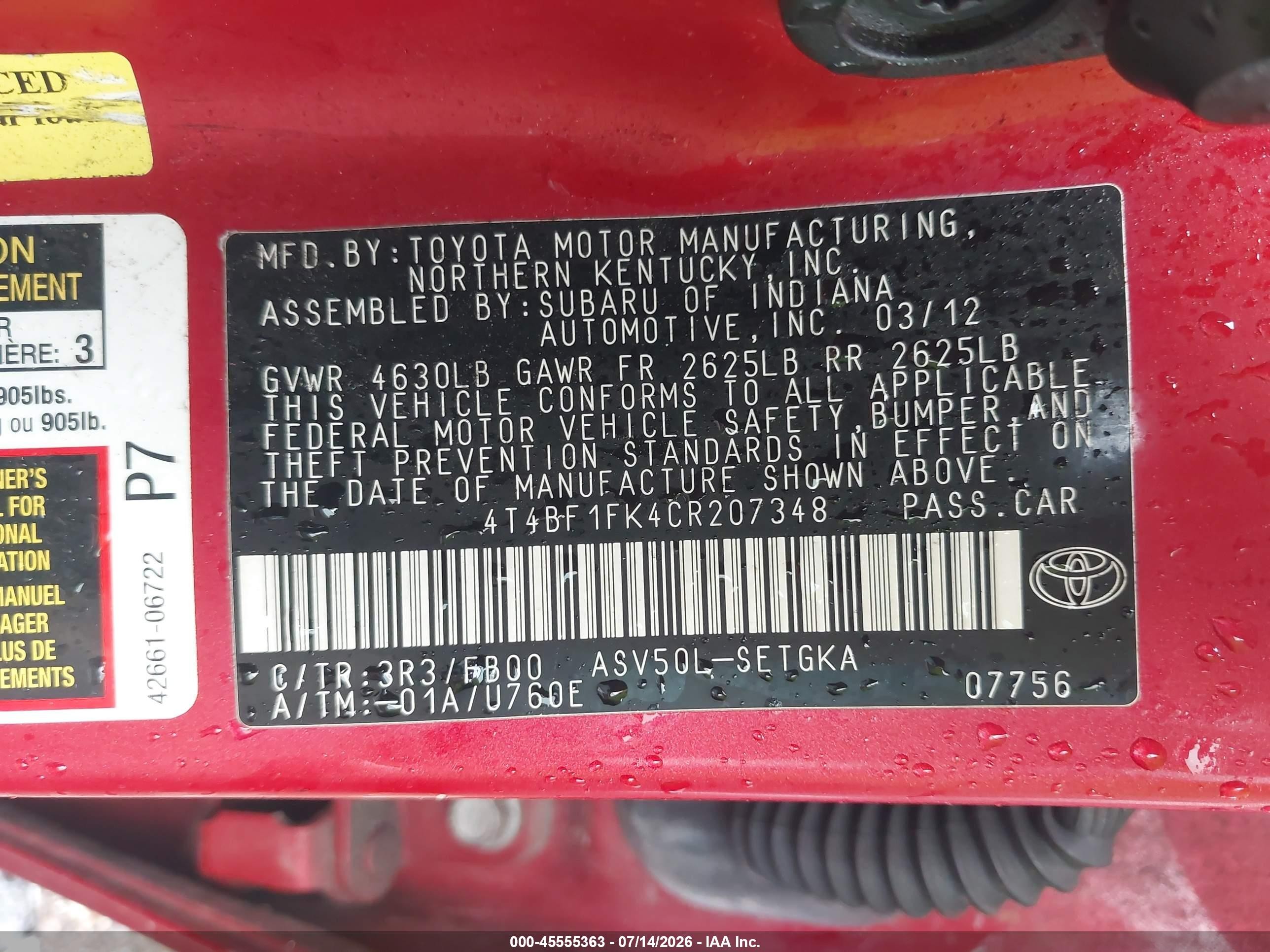 2012 Toyota Camry Xle Red vin: 4T4BF1FK4CR207348