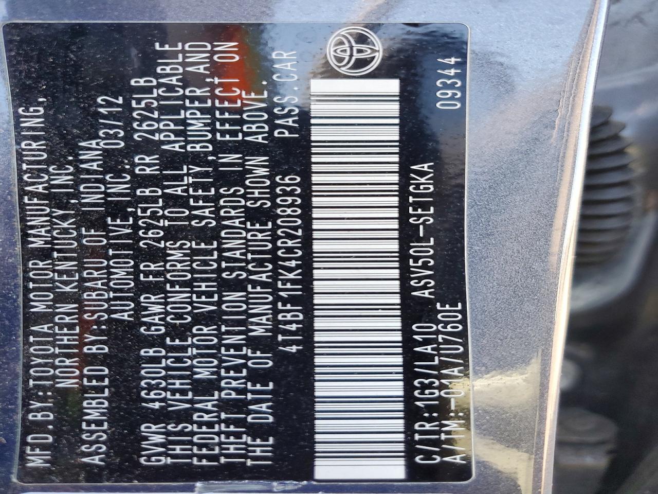 2012 Toyota Camry Xle Серый vin: 4T4BF1FK4CR208936
