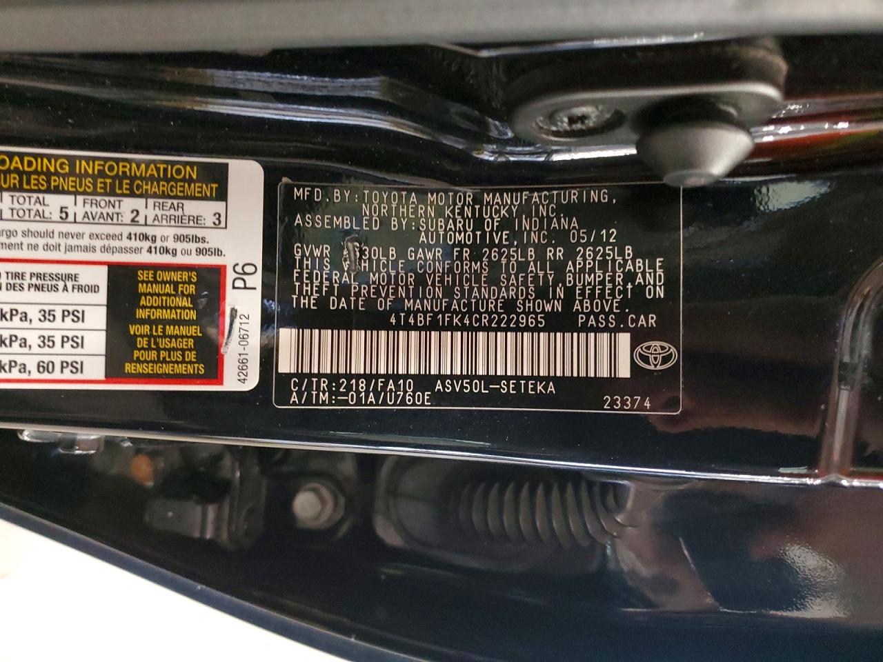 2012 Toyota Camry L Black vin: 4T4BF1FK4CR222965