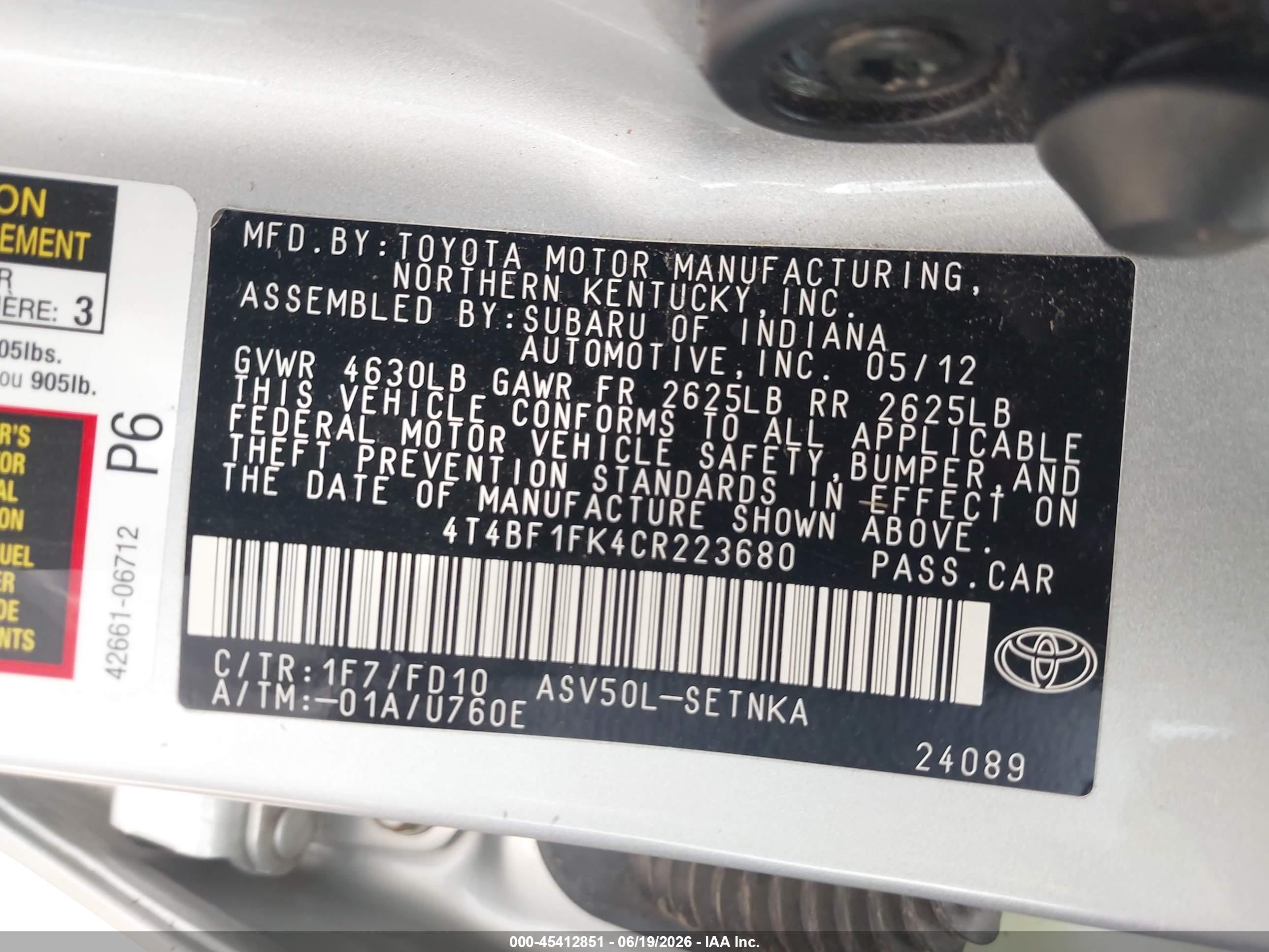 2012 Toyota Camry Le Silver vin: 4T4BF1FK4CR223680