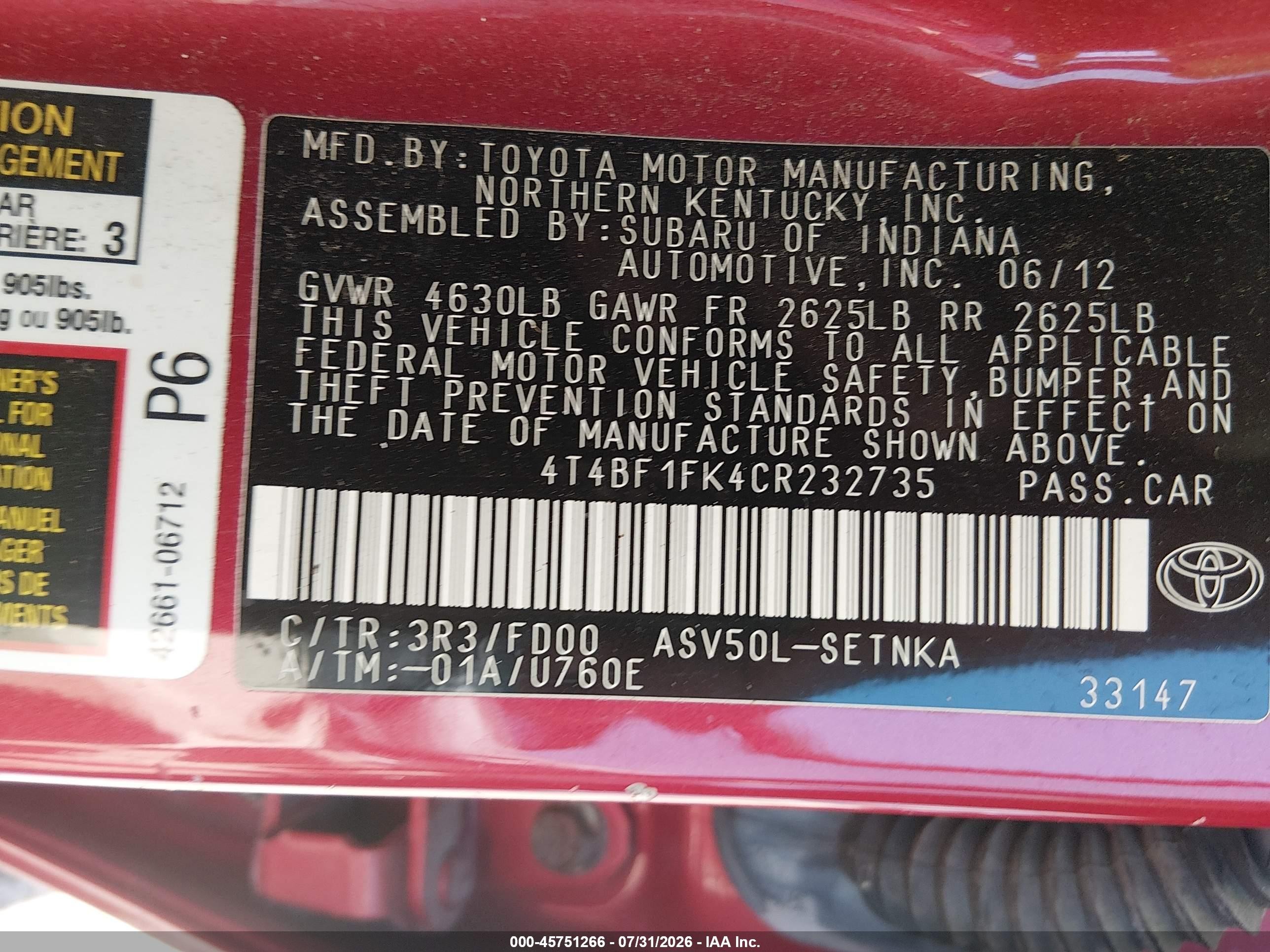 2012 Toyota Camry Le Maroon vin: 4T4BF1FK4CR232735