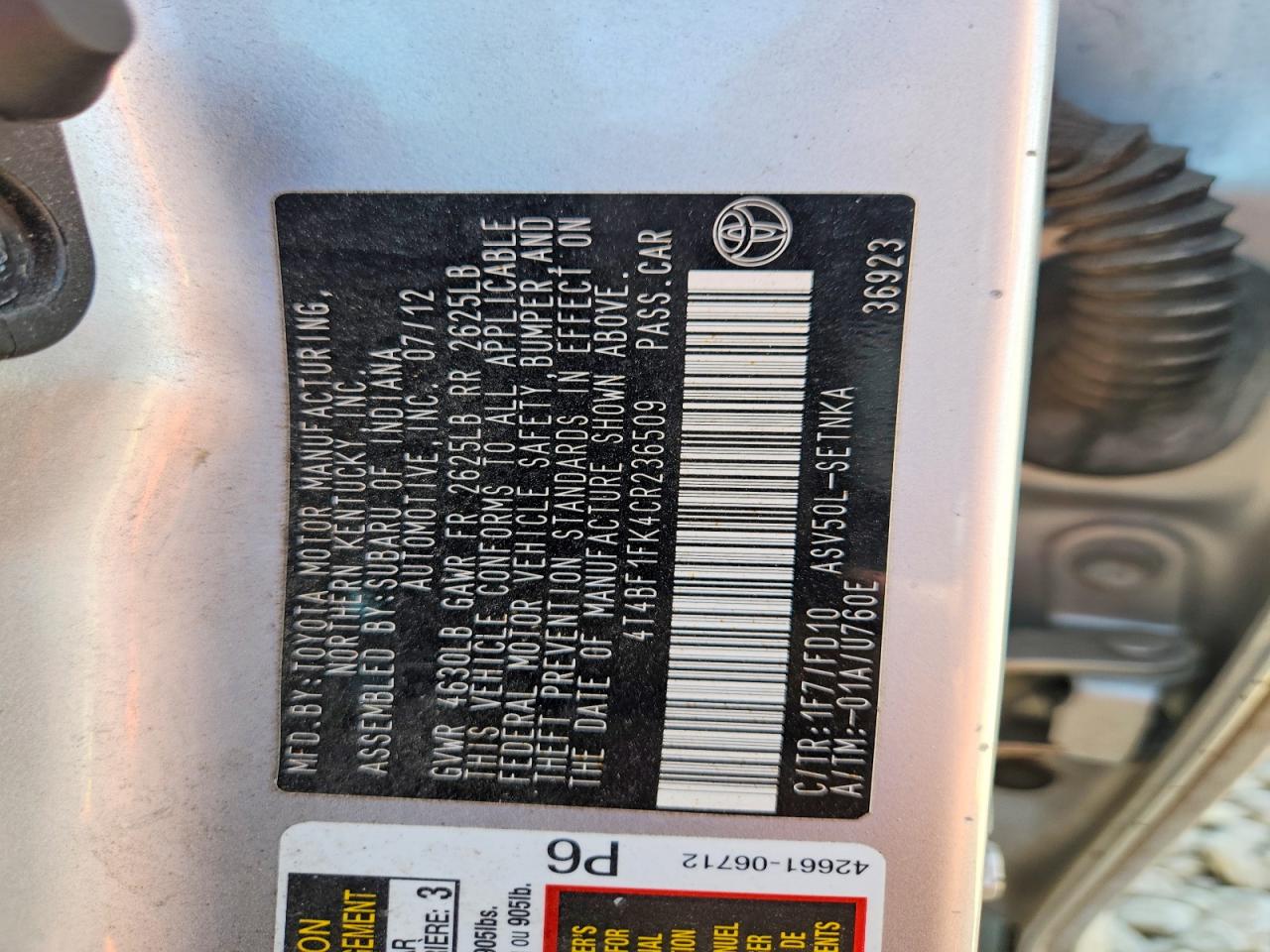 2012 Toyota Camry Le Silver vin: 4T4BF1FK4CR236509