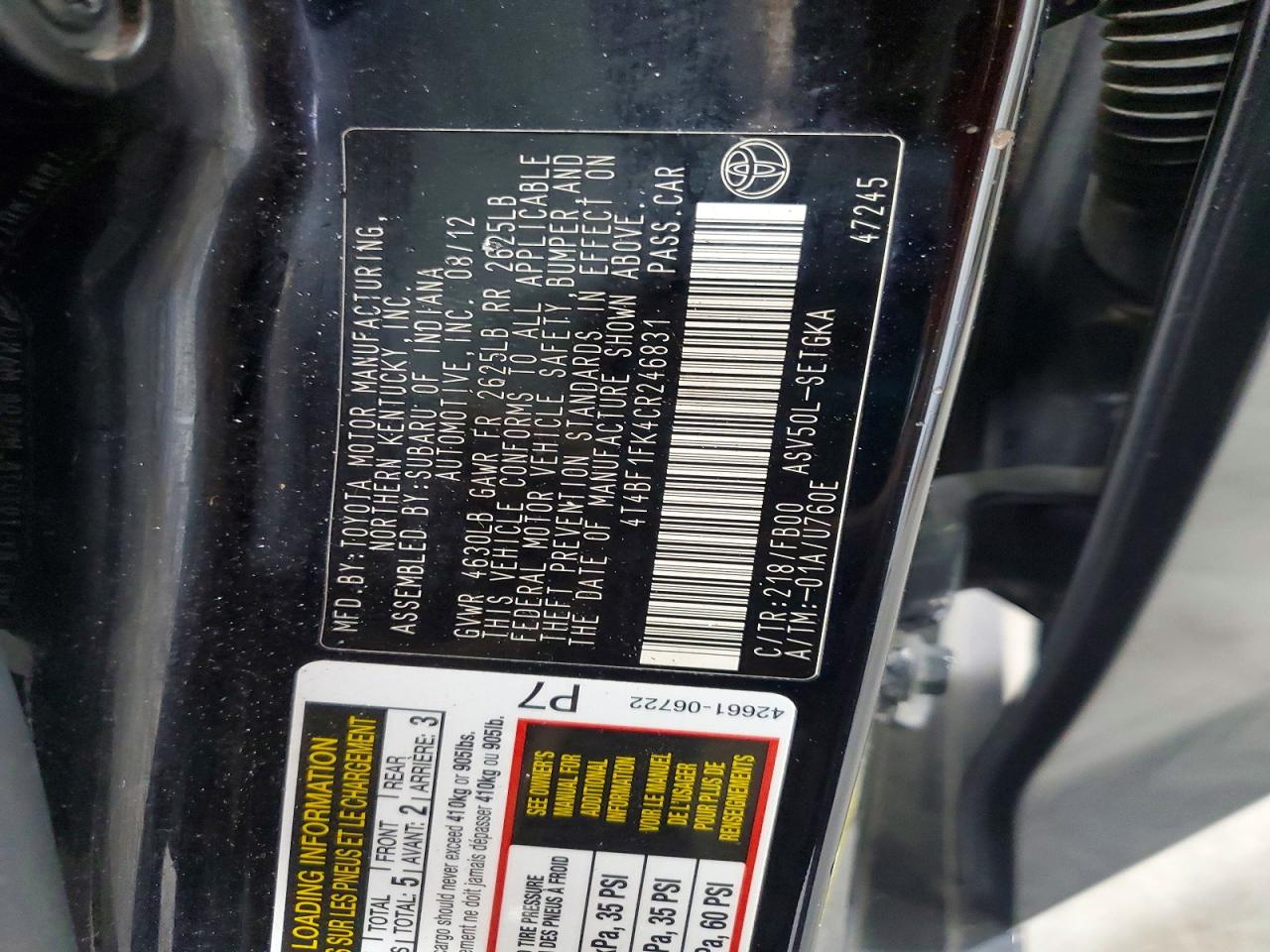 2012 Toyota Camry Xle Black vin: 4T4BF1FK4CR246831