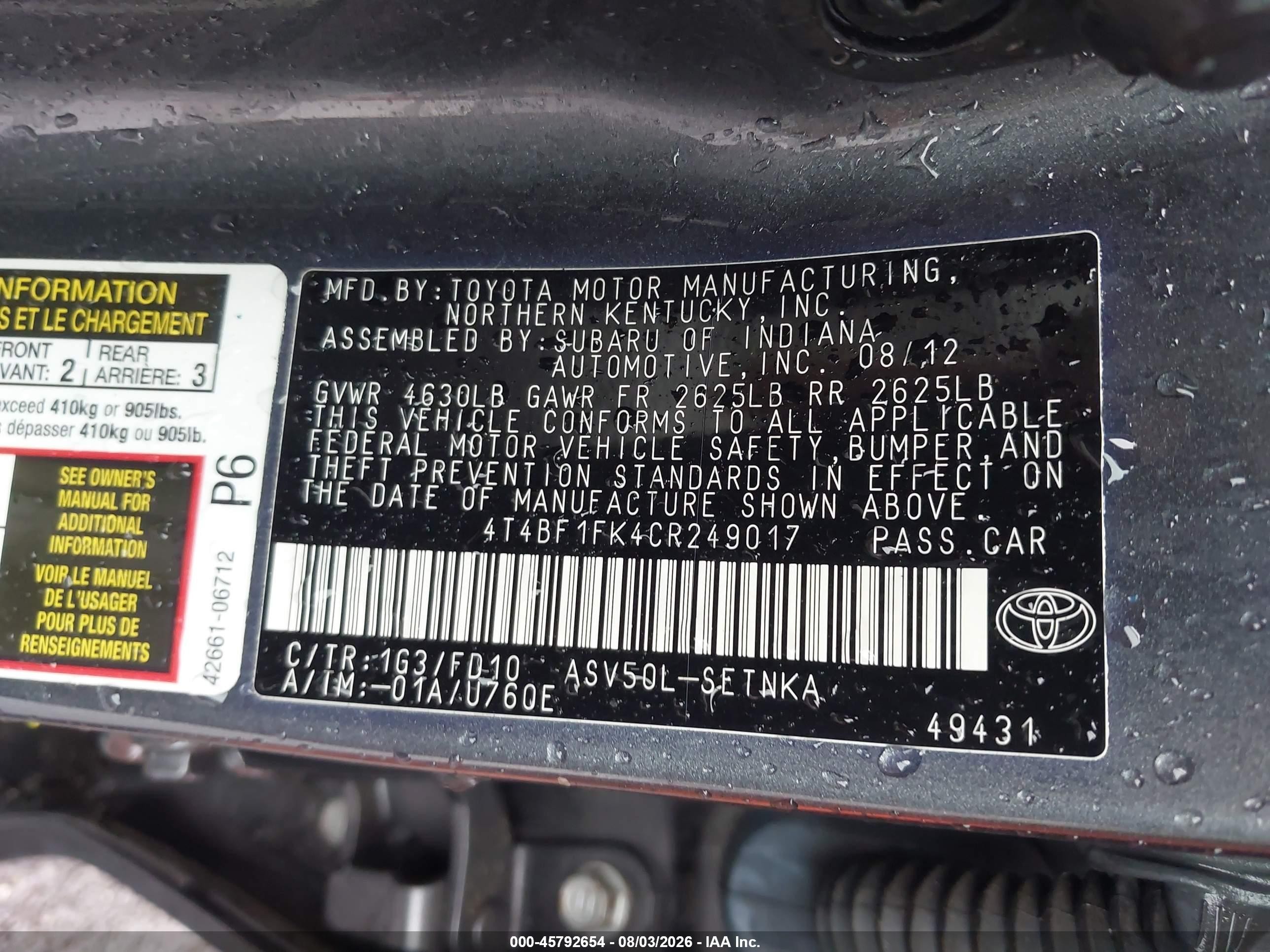 2012 Toyota Camry Le Gray vin: 4T4BF1FK4CR249017