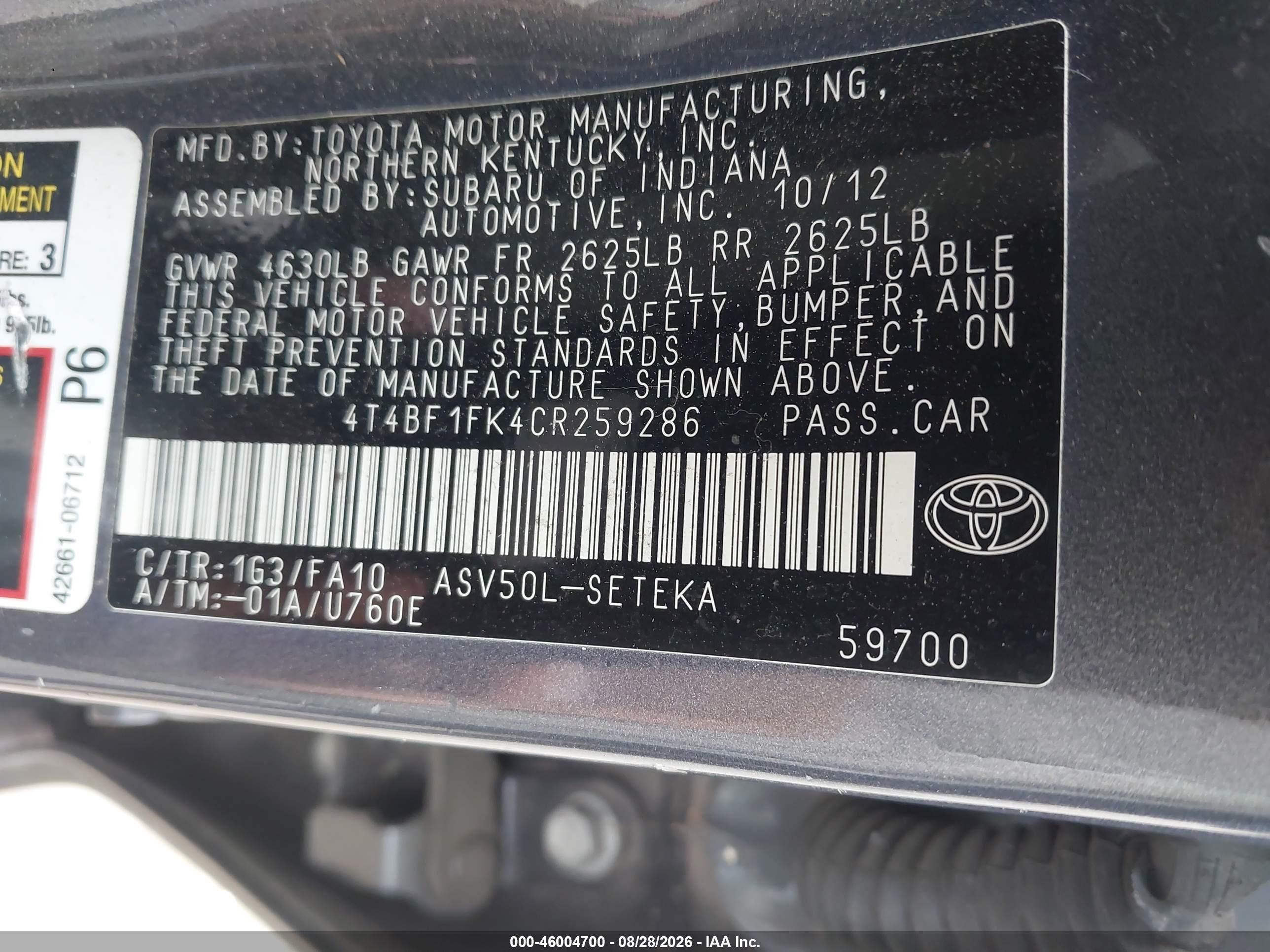 2012 Toyota Camry L Gray vin: 4T4BF1FK4CR259286