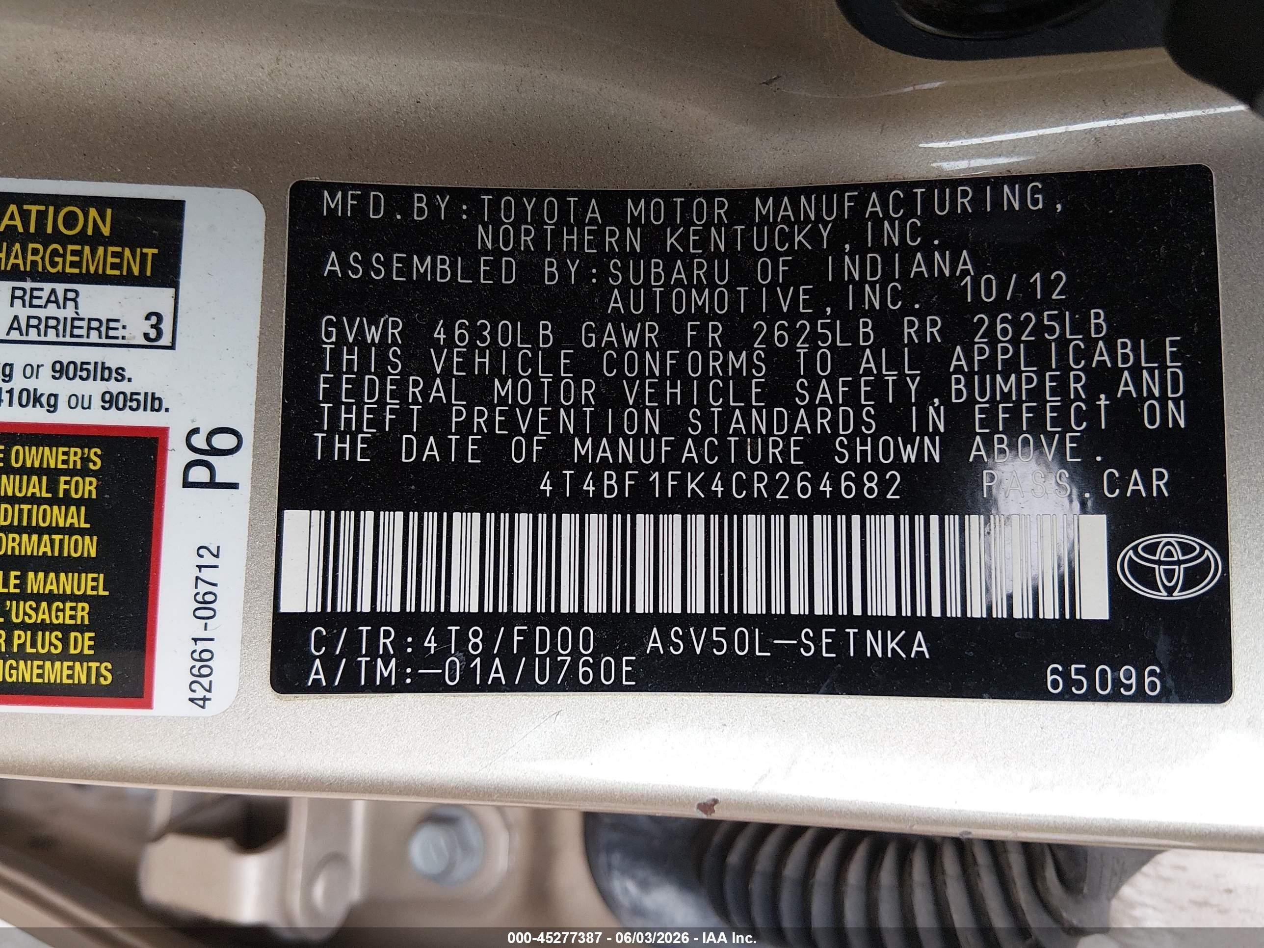 2012 Toyota Camry Le Gold vin: 4T4BF1FK4CR264682