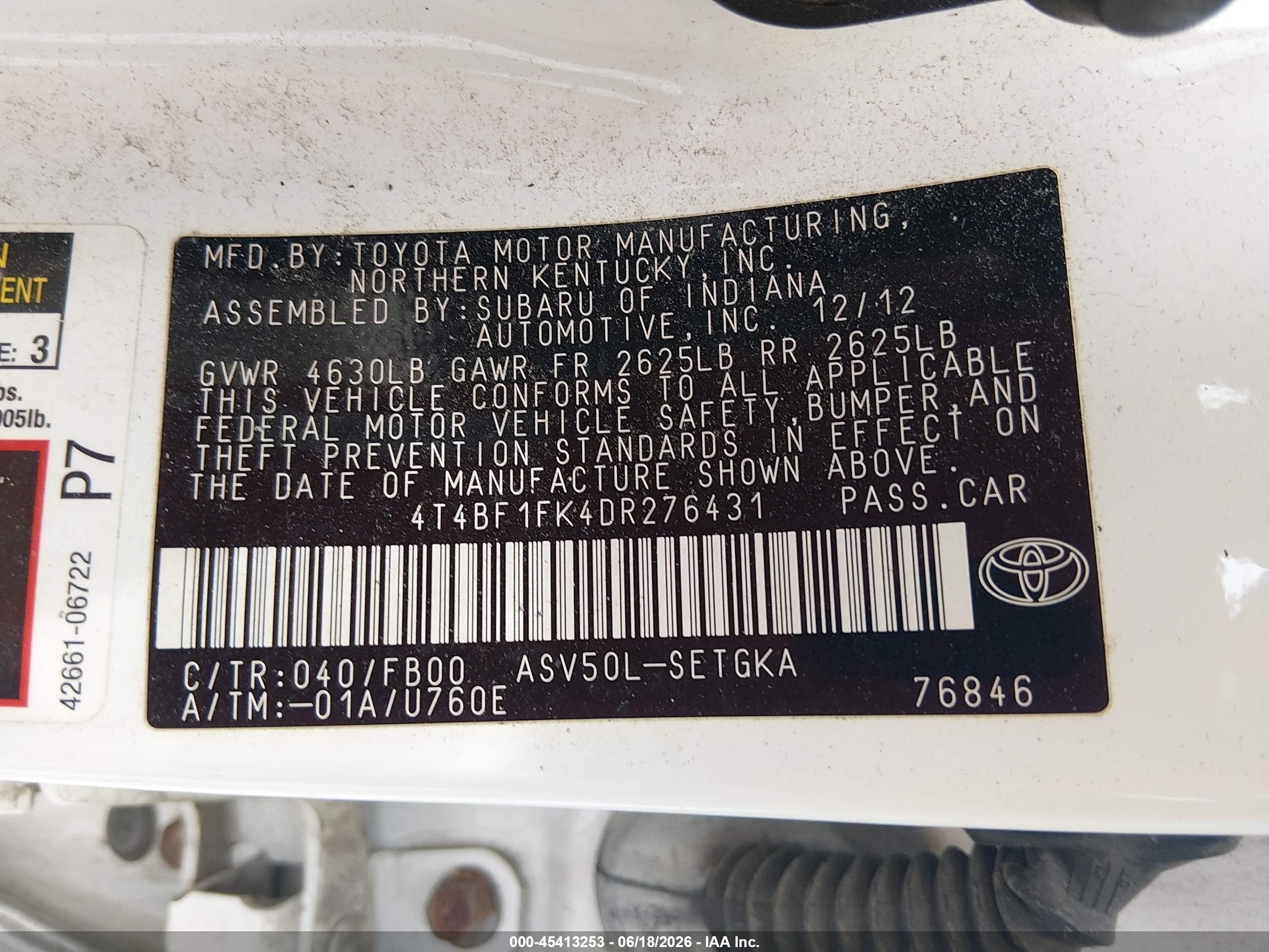 2013 Toyota Camry Xle White vin: 4T4BF1FK4DR276431