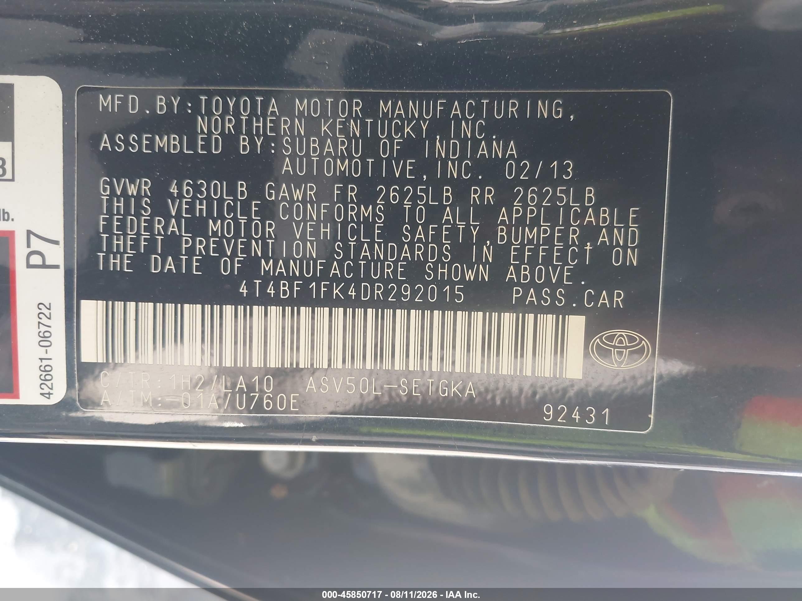 2013 Toyota Camry Xle Black vin: 4T4BF1FK4DR292015