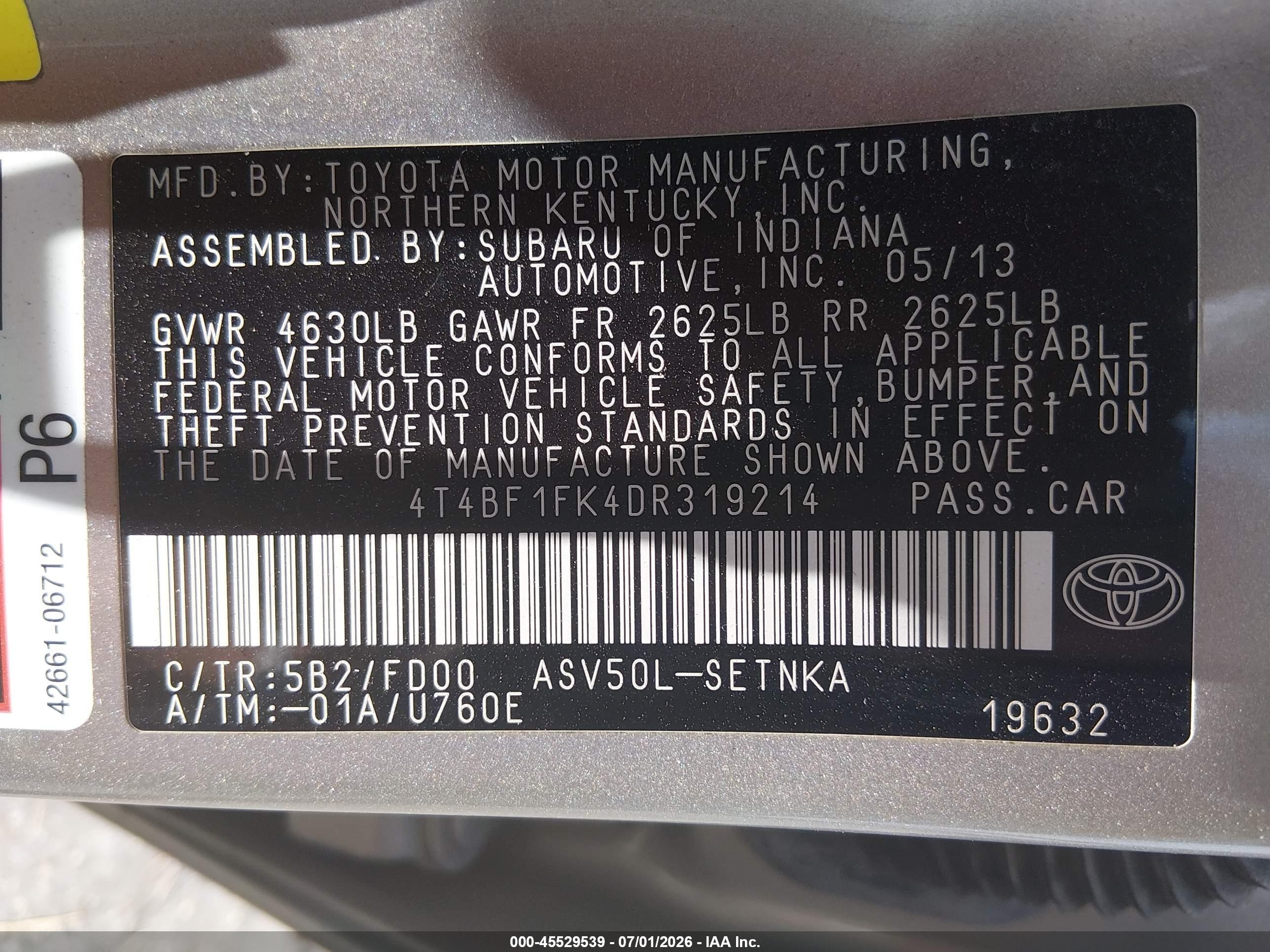 2013 Toyota Camry Le Beige vin: 4T4BF1FK4DR319214