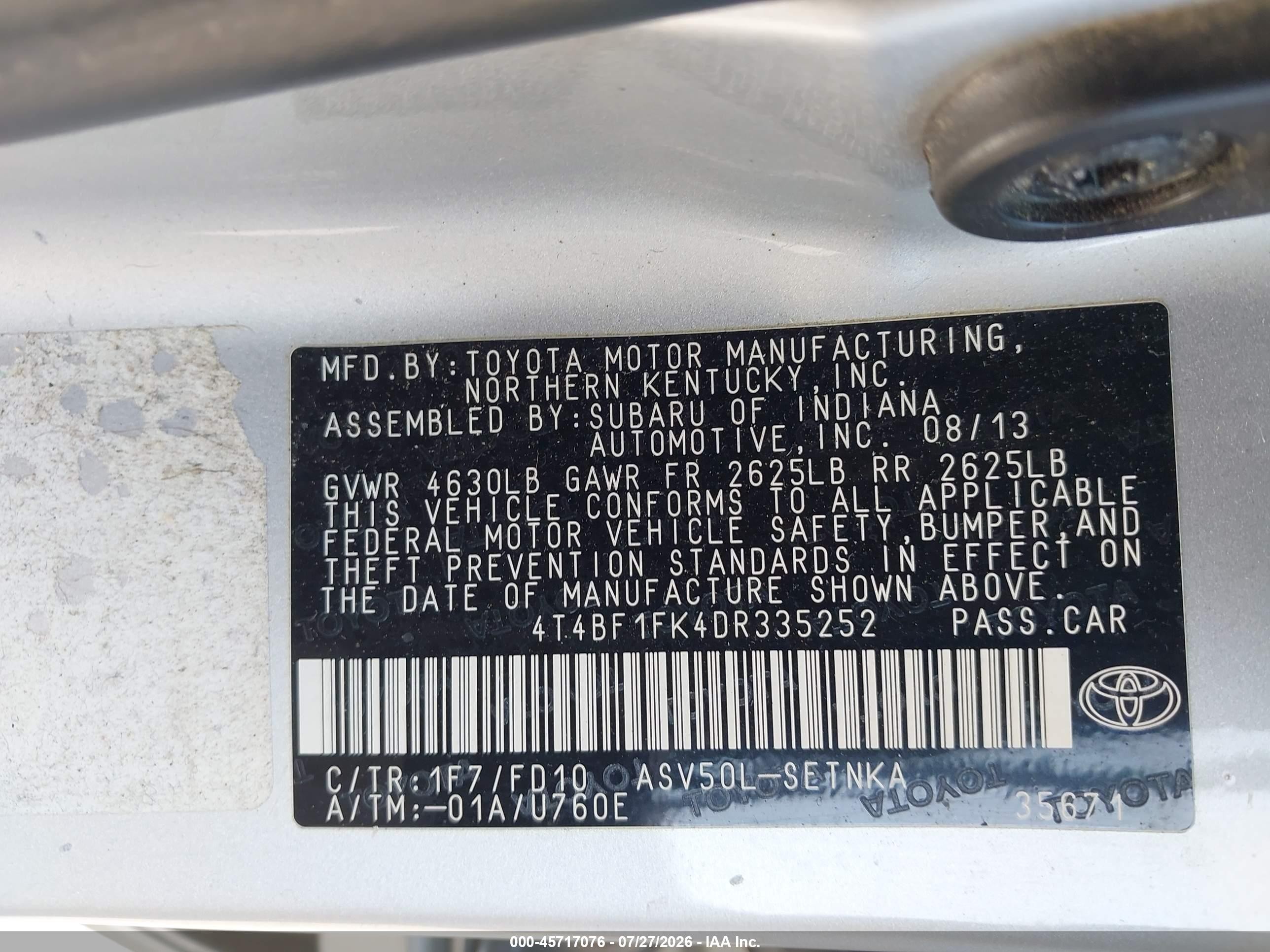 2013 Toyota Camry Le Silver vin: 4T4BF1FK4DR335252